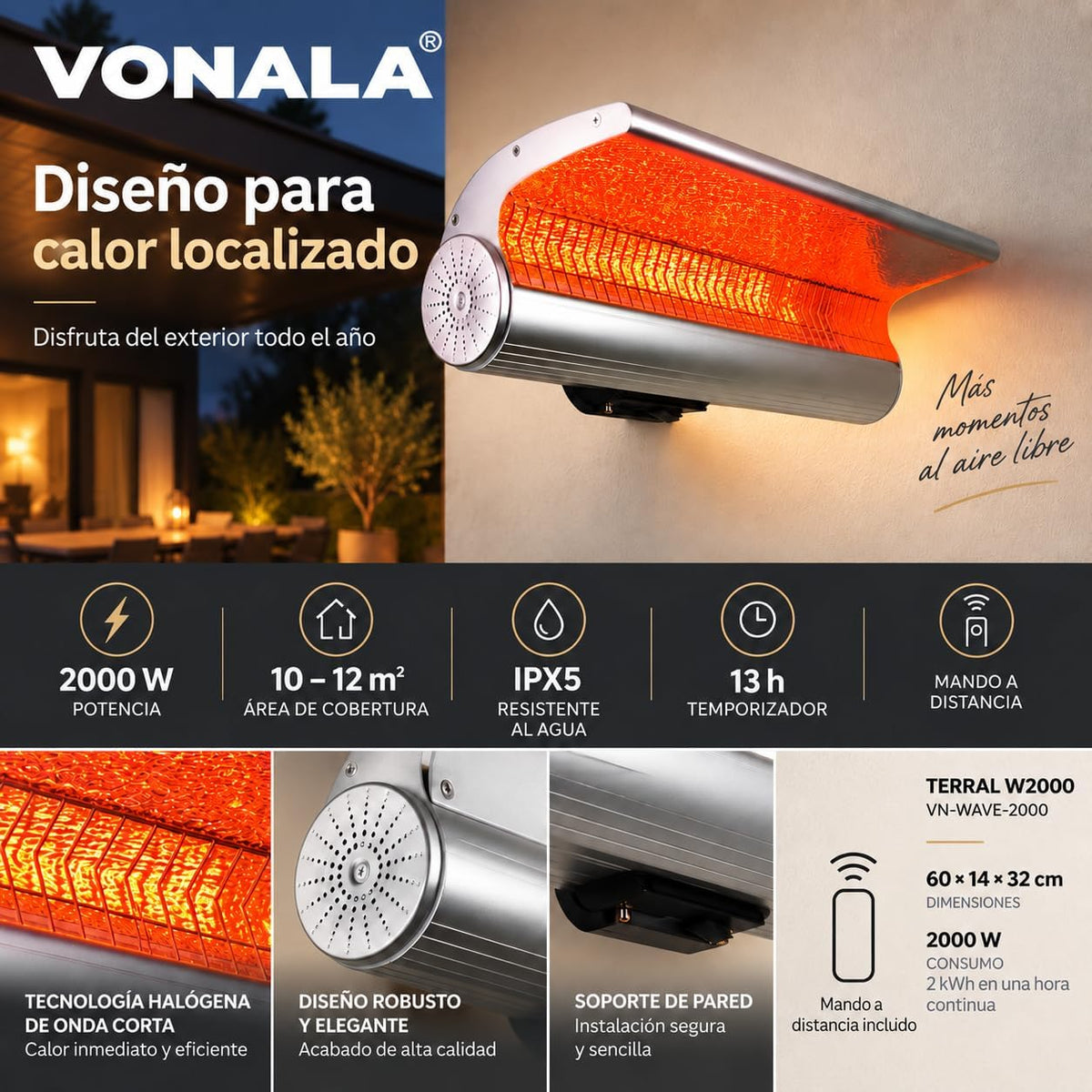 Calefactor Infrarrojo de Pared para Terrazas VONALA TERRAL W2000, 2000 W, Mando a Distancia, IPX5