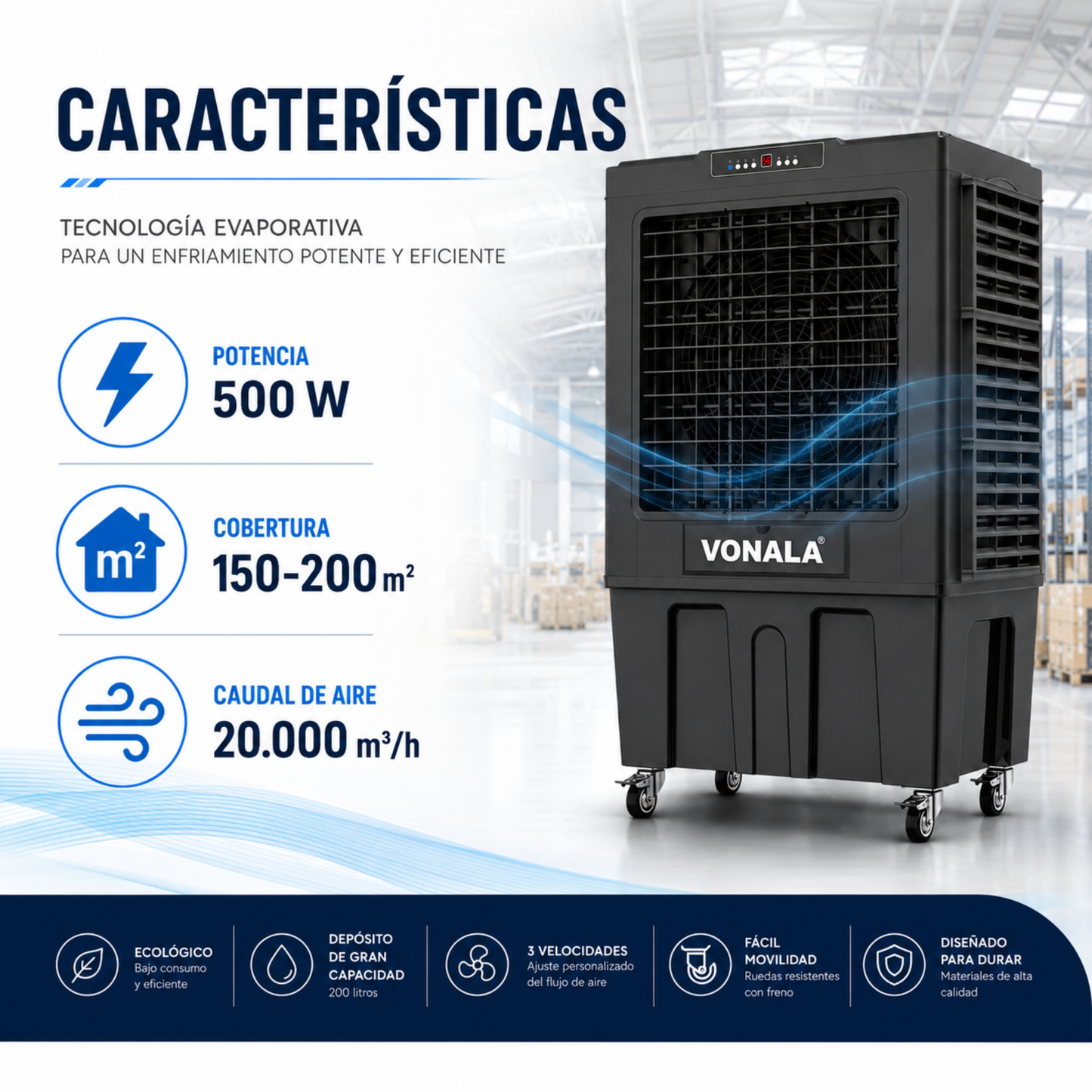 Climatizador Evaporativo Industrial VONALA BLACKOOL22 – Enfriador de Aire Profesional 22.000 m³/h, Depósito 150 L, Cobertura hasta 200 m², 750 W, Climatizador Industrial Portátil