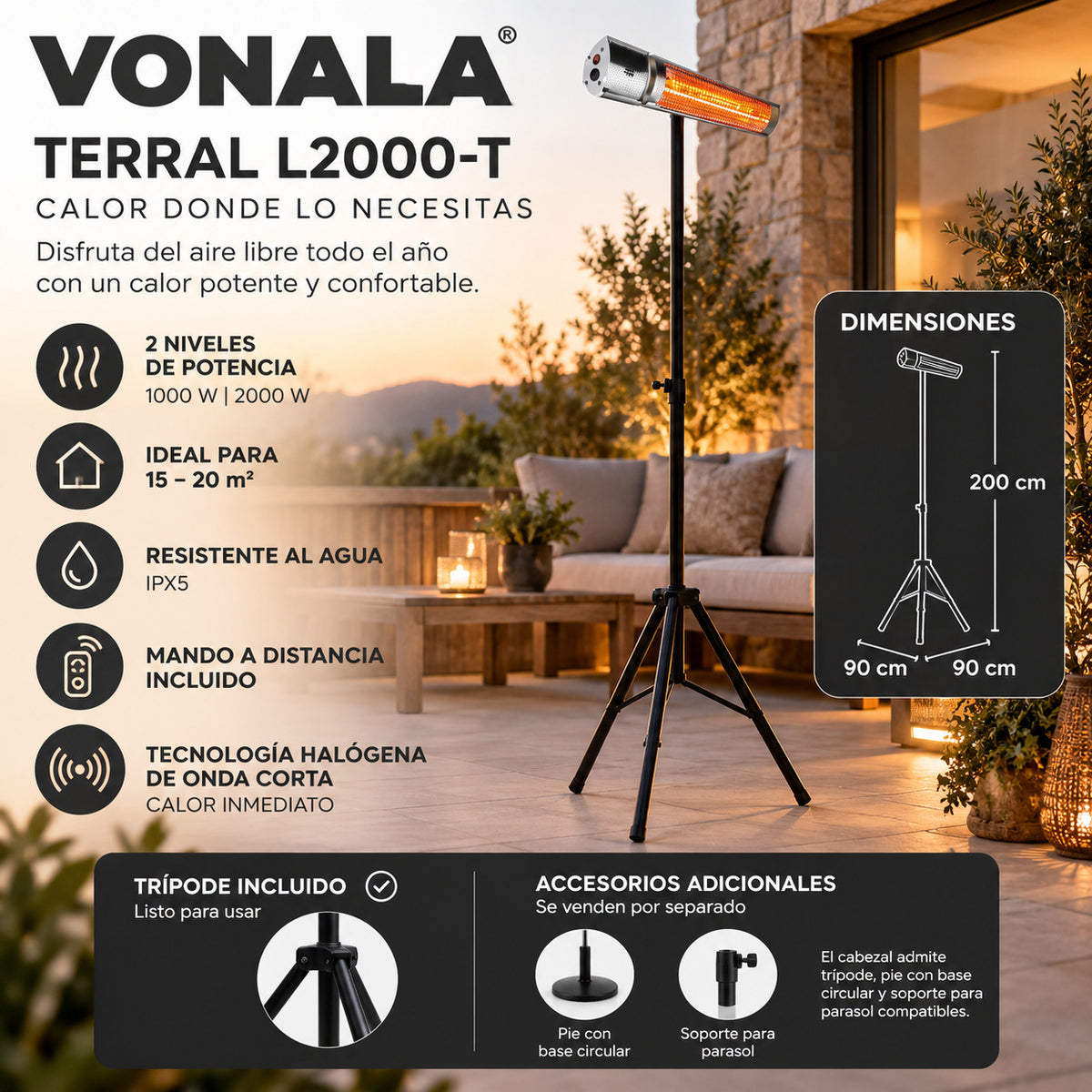Calefactor Infrarrojo de Pie para Terrazas VONALA TERRAL L2000-T, 2000 W, Mando a Distancia, IPX5, Trípode Incluido