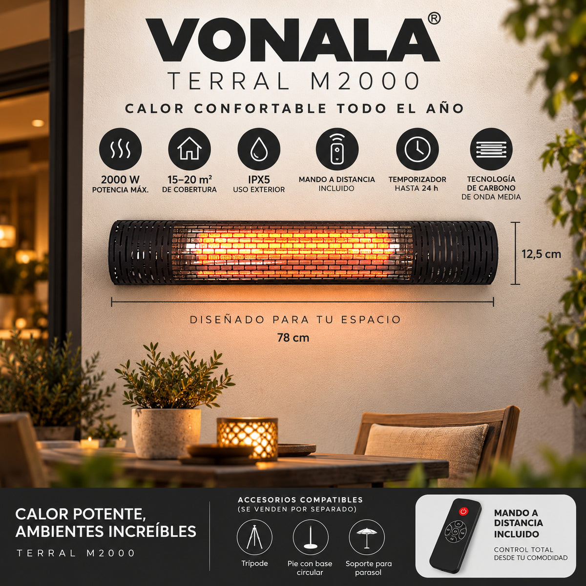Calefactor Infrarrojo de Pared para Terrazas VONALA TERRAL M2000, 2000 W, Mando a Distancia, IPX5