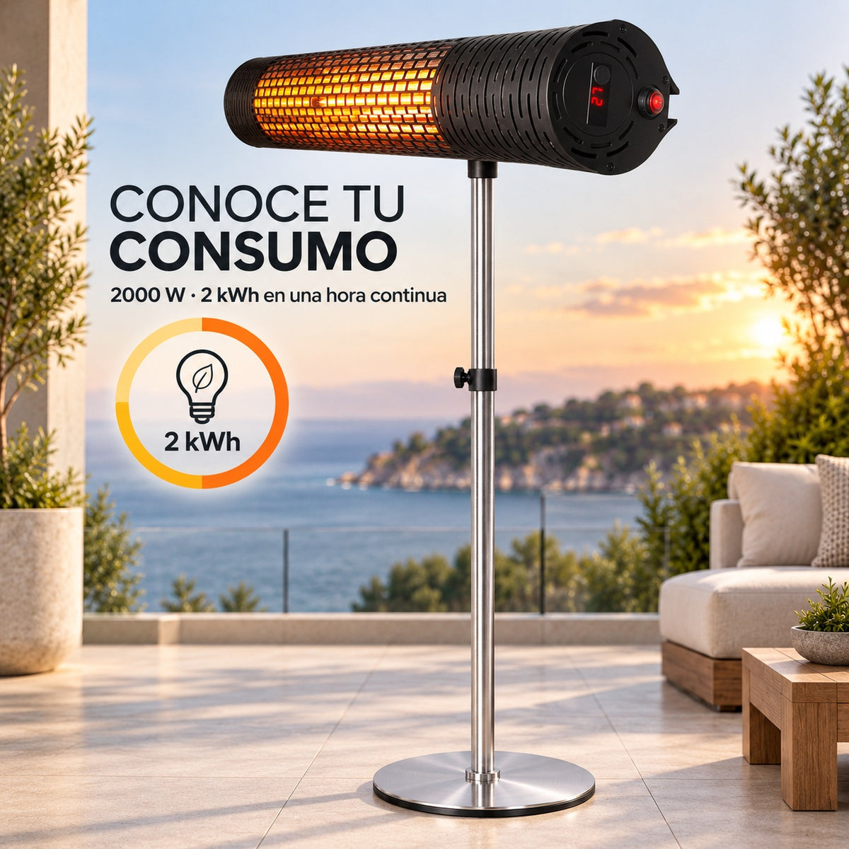 Calefactor Infrarrojo de Pie para Terrazas VONALA TERRAL M2000-S, 2000 W, Mando a Distancia, IPX5, Base Incluida