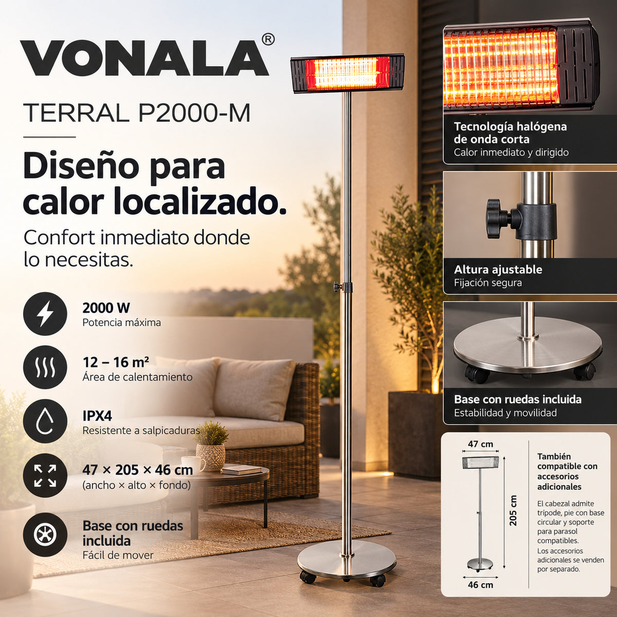 Calefactor Infrarrojo de Pie para Terrazas VONALA TERRAL P2000-M, 2000 W, Baja Luminosidad, IPX4, Base con Ruedas