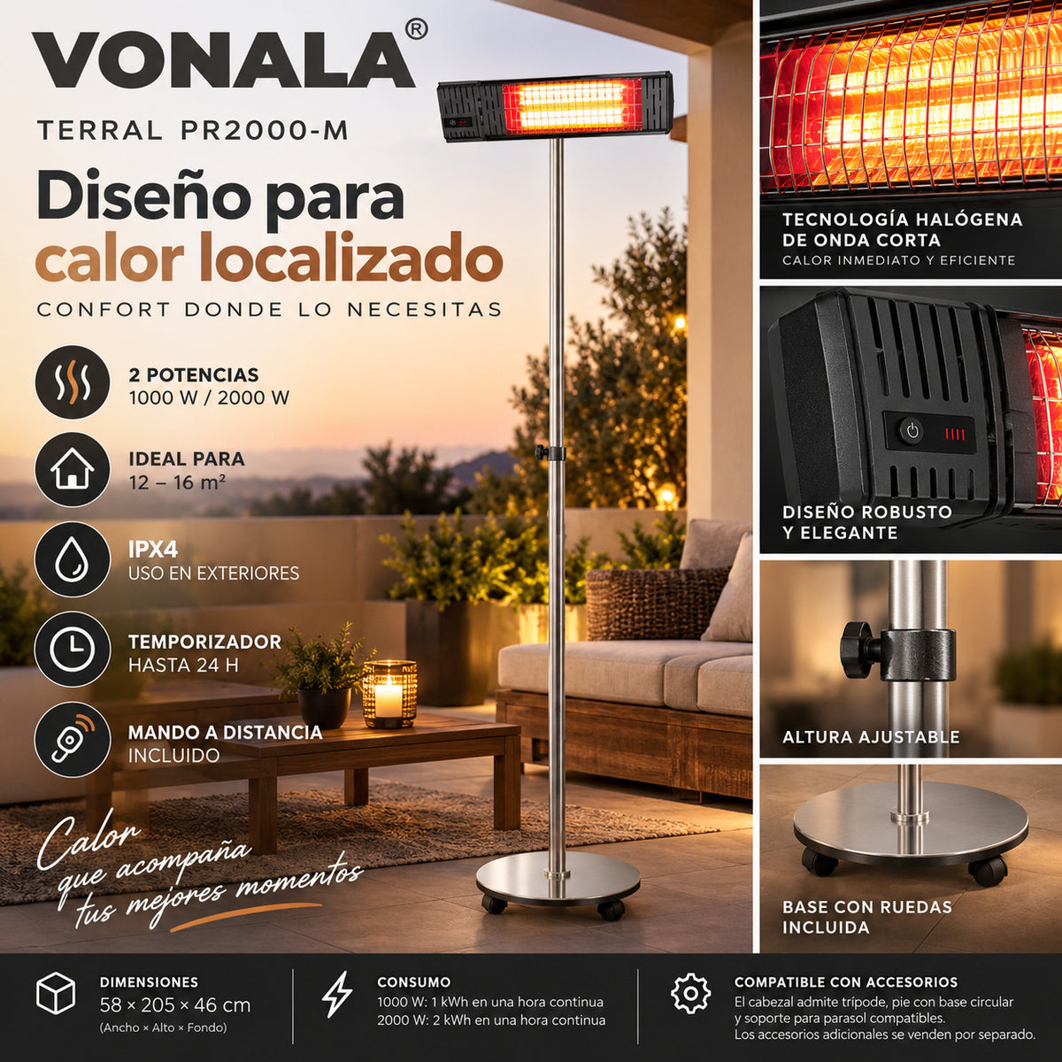Calefactor Infrarrojo de Pie para Terrazas VONALA TERRAL PR2000-M, 2000 W, Mando a Distancia, IPX4, Base con Ruedas
