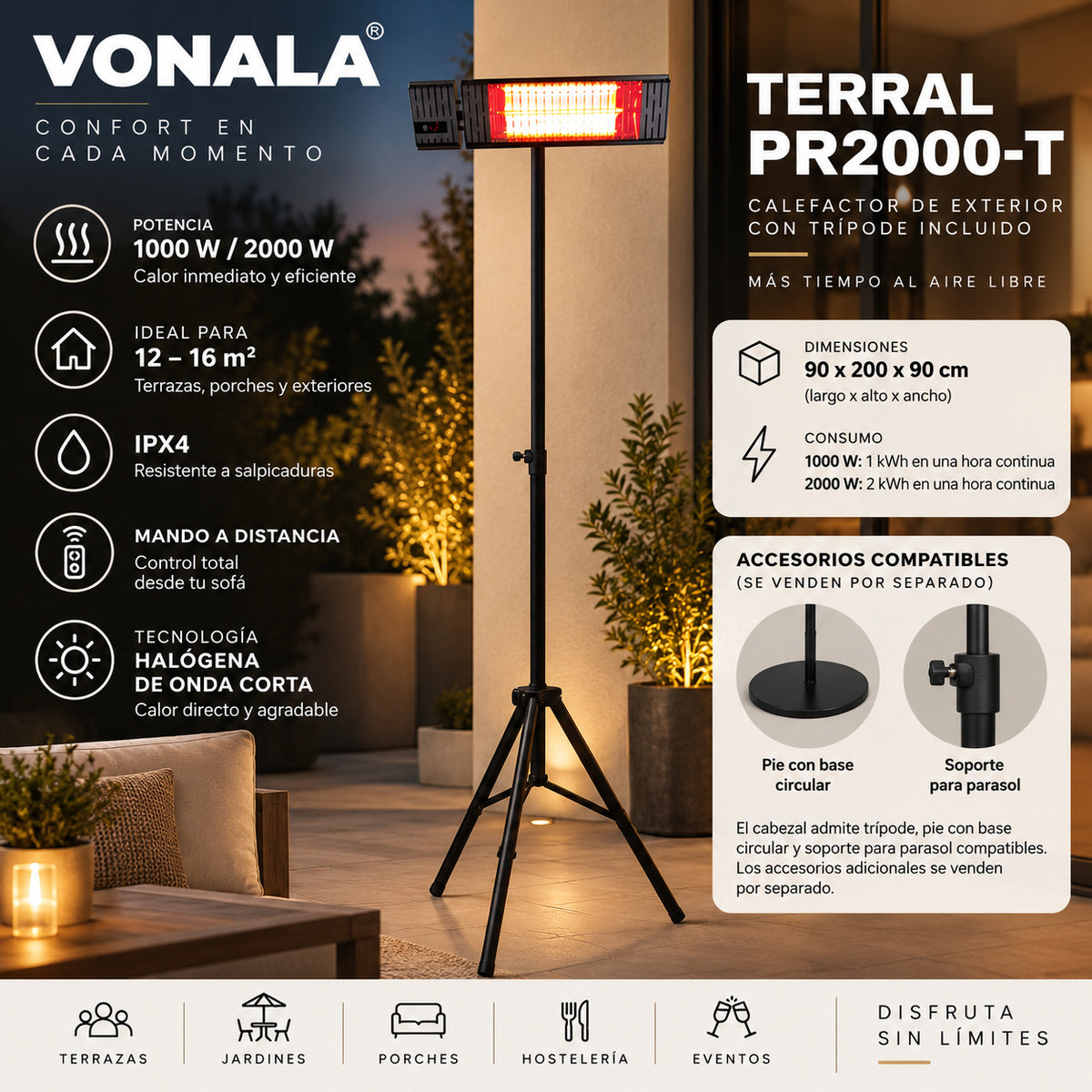 Calefactor Infrarrojo de Pie para Terrazas VONALA TERRAL PR2000-T, 2000 W, Mando a Distancia, IPX4, Trípode Incluido