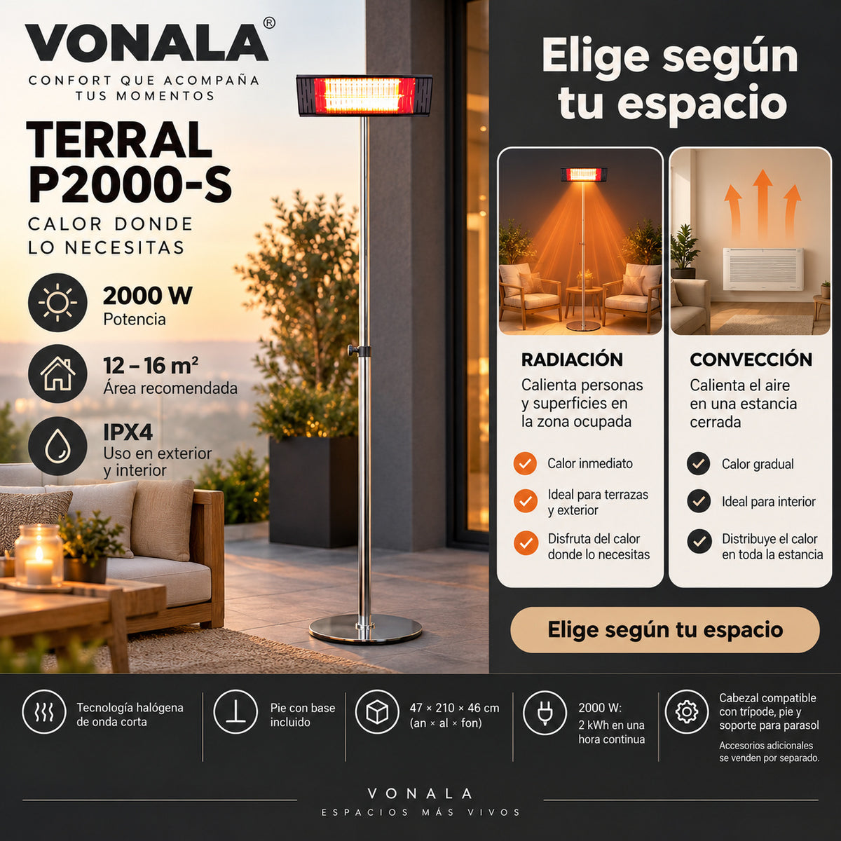 Calefactor Infrarrojo de Pie para Terrazas VONALA TERRAL P2000-S, 2000 W, Baja Luminosidad, IPX4, Base Incluida