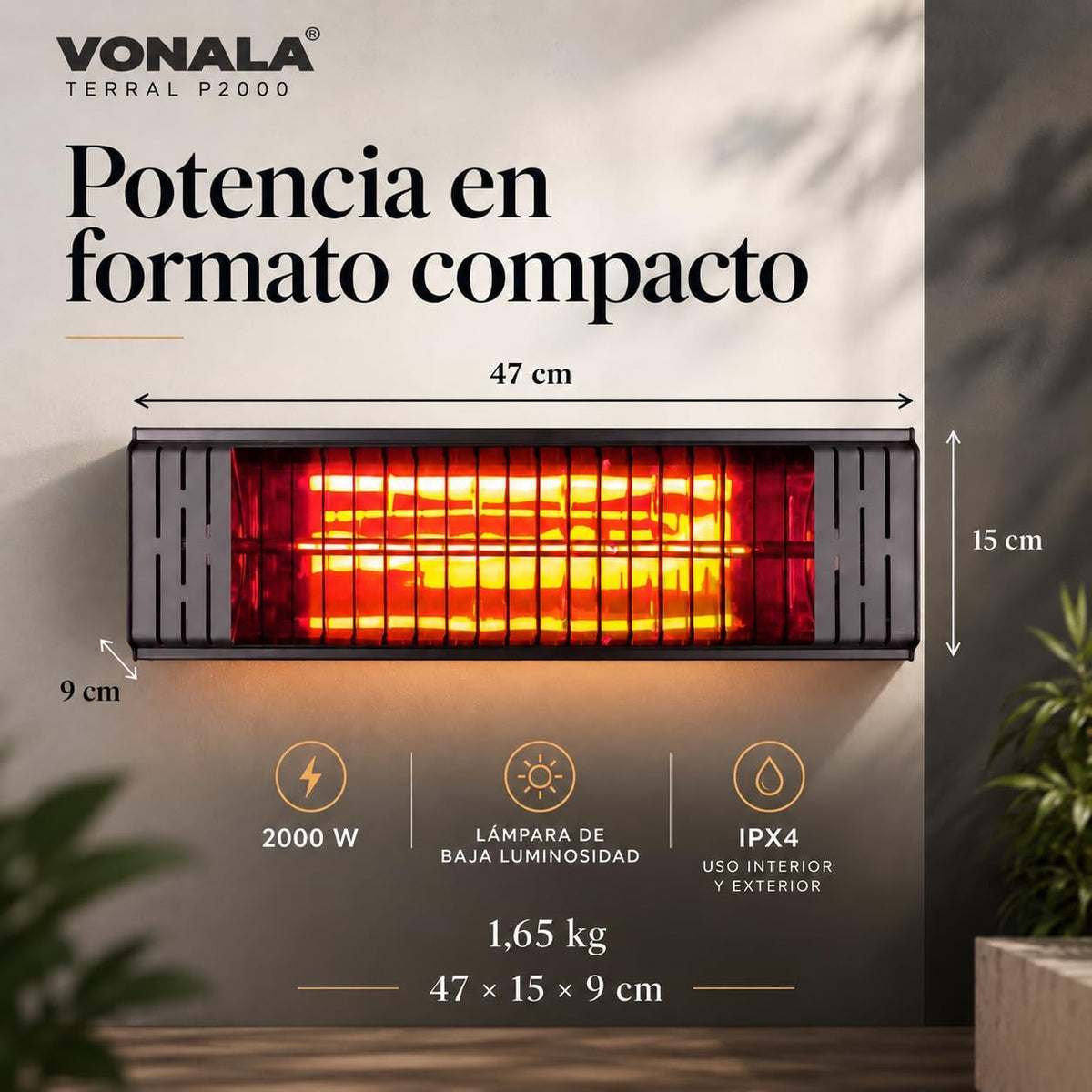 VONALA TERRAL P2000 Calefactor Infrarrojo de Pared para Terrazas, 2000 W, Onda Corta, Lámpara de Baja Luminosidad, IPX4, Anclajes Incluidos