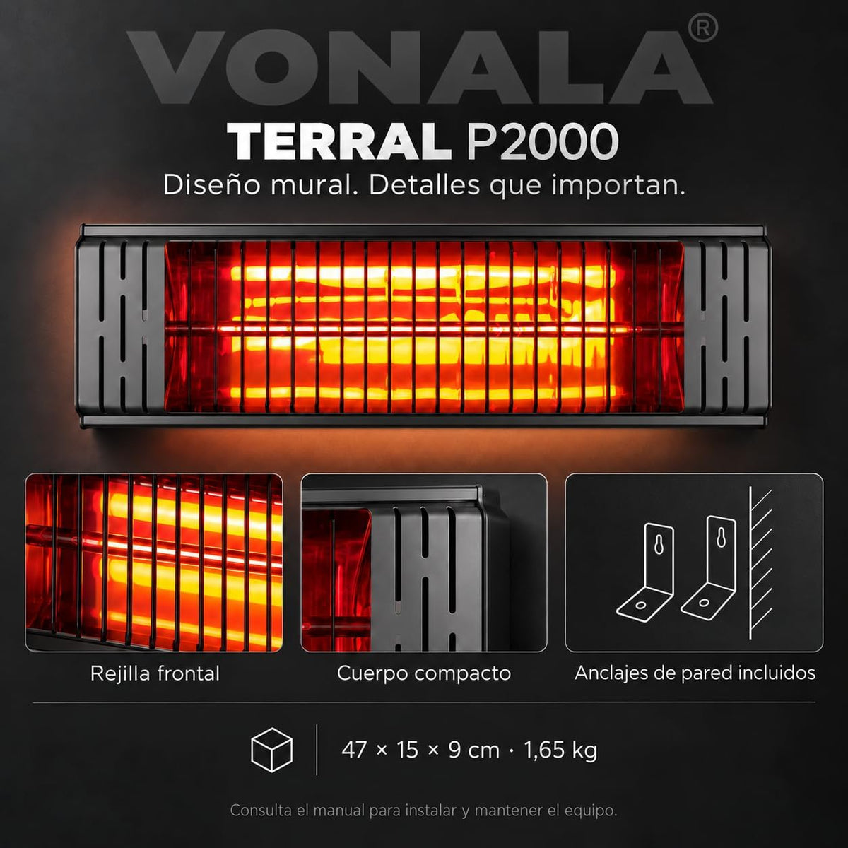 VONALA TERRAL P2000 Calefactor Infrarrojo de Pared para Terrazas, 2000 W, Onda Corta, Lámpara de Baja Luminosidad, IPX4, Anclajes Incluidos