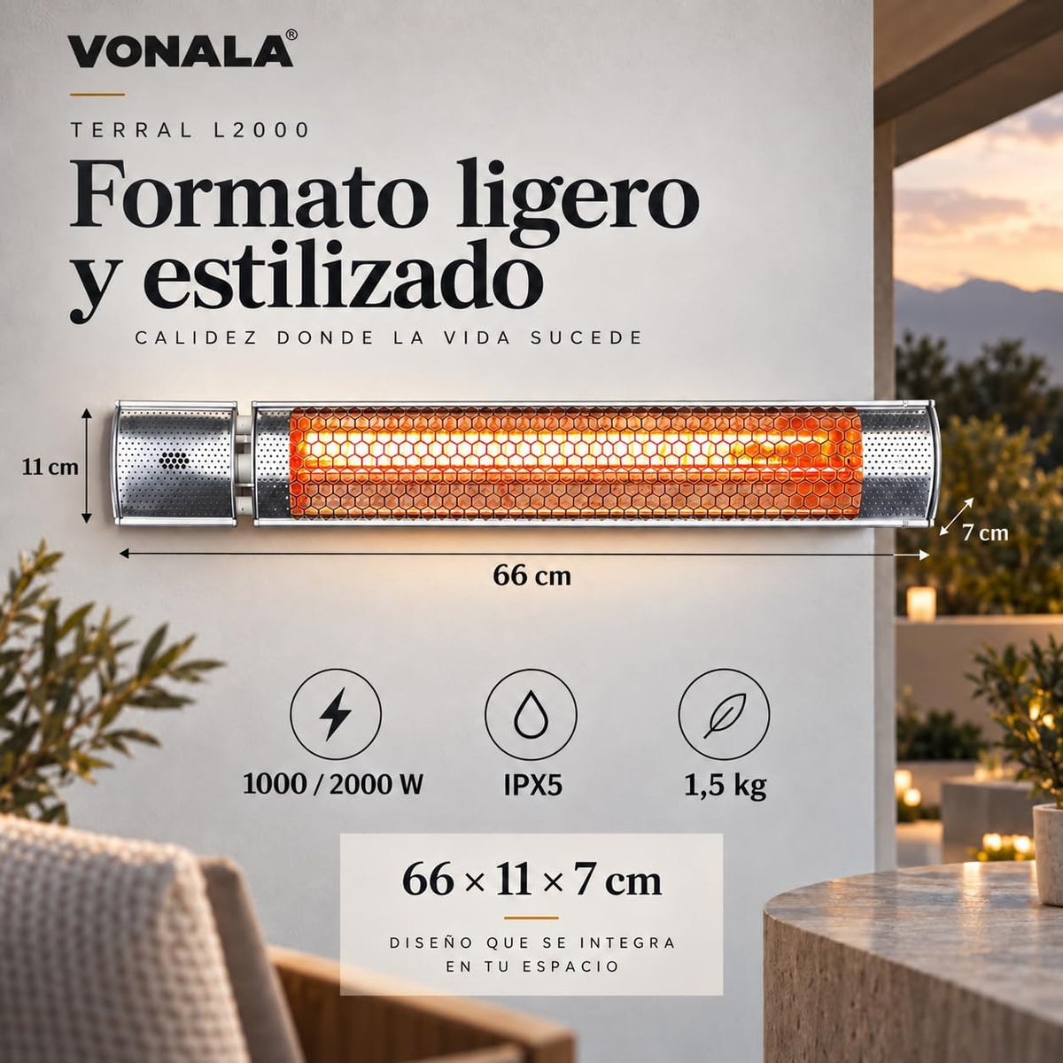 VONALA TERRAL L2000 Calefactor Infrarrojo de Pared para Terrazas, 1000/2000 W, Onda Corta, Mando a Distancia, IPX5, Anclajes Incluidos