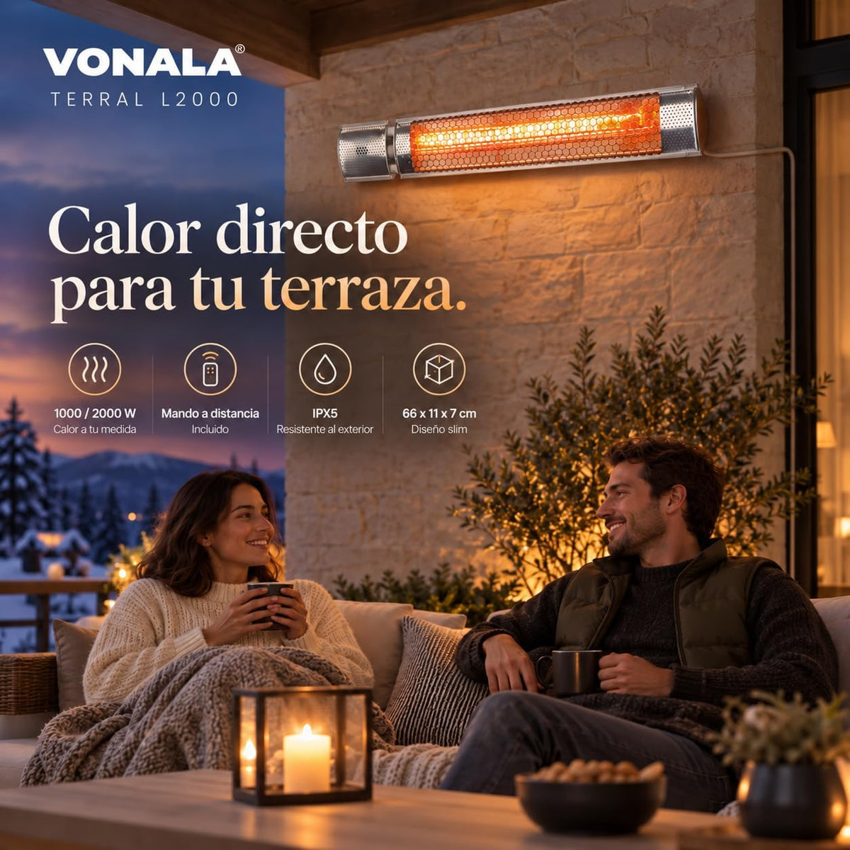 VONALA TERRAL L2000 Calefactor Infrarrojo de Pared para Terrazas, 1000/2000 W, Onda Corta, Mando a Distancia, IPX5, Anclajes Incluidos