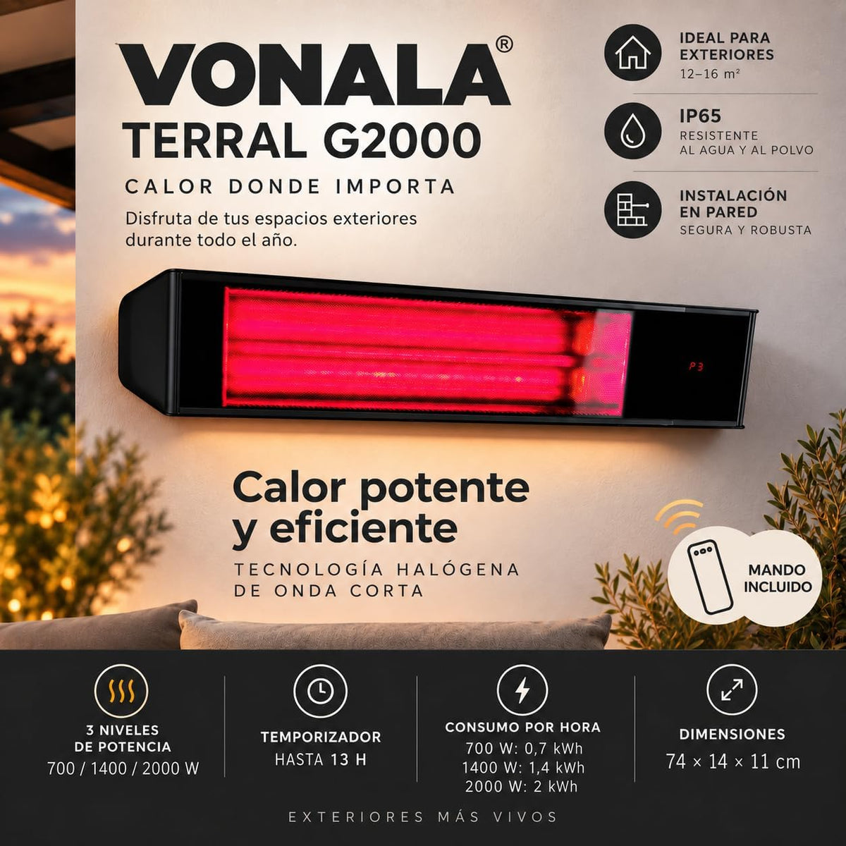 Calefactor Infrarrojo de Pared para Terrazas VONALA TERRAL G2000, 2000 W, Mando a Distancia, IP65