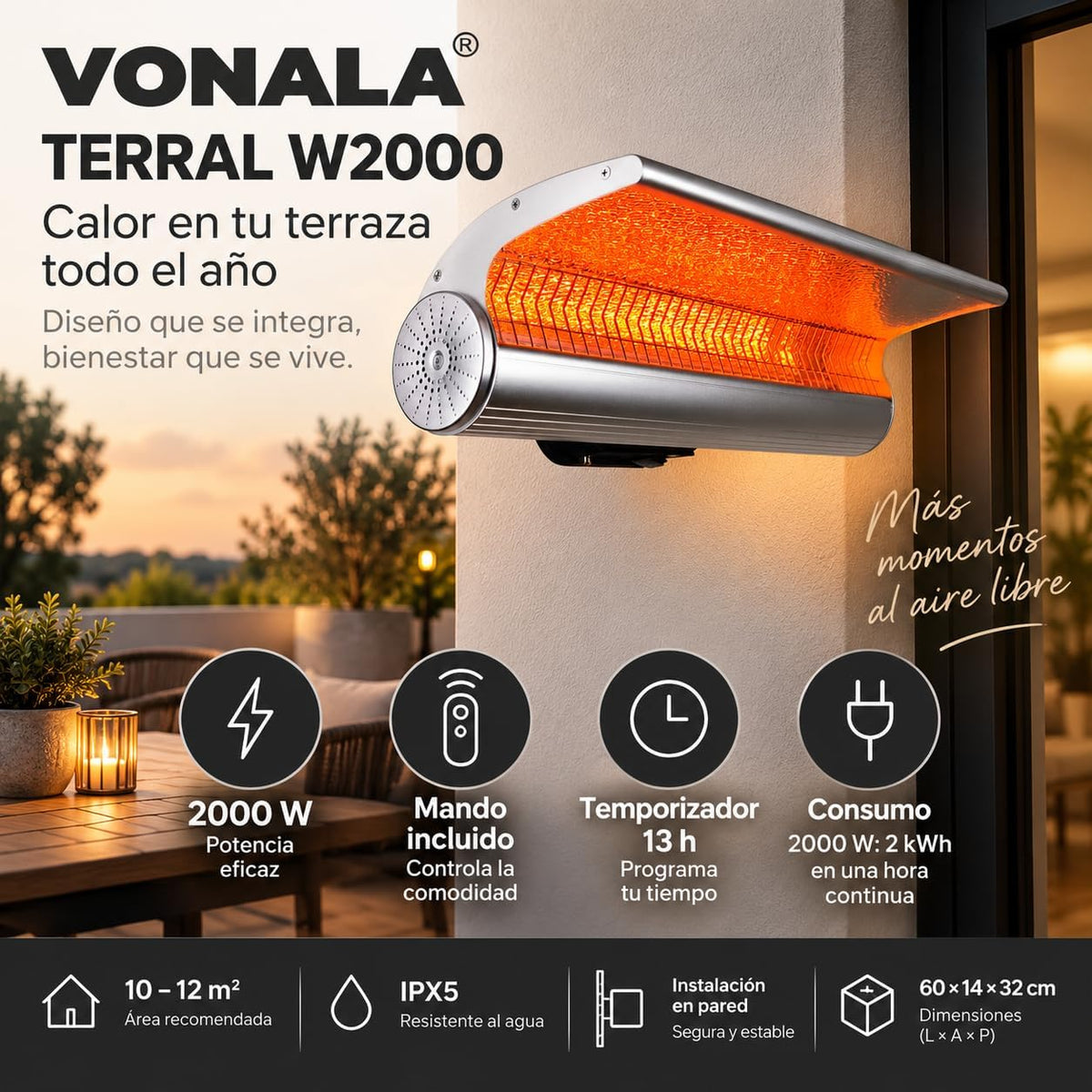 Calefactor Infrarrojo de Pared para Terrazas VONALA TERRAL W2000, 2000 W, Mando a Distancia, IPX5