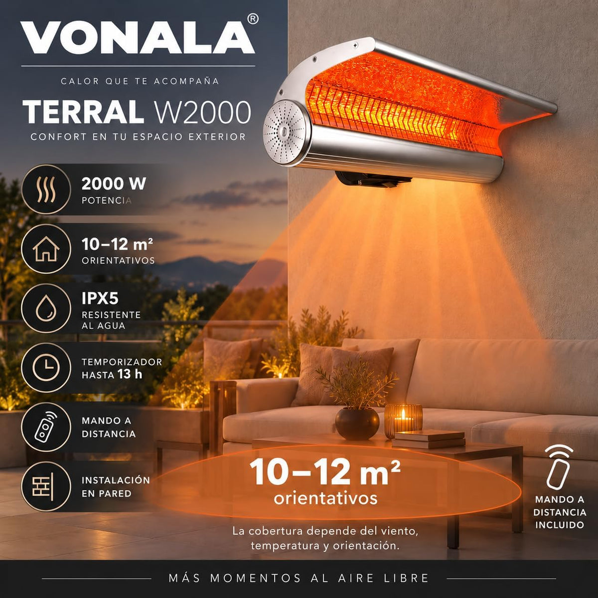 Calefactor Infrarrojo de Pared para Terrazas VONALA TERRAL W2000, 2000 W, Mando a Distancia, IPX5