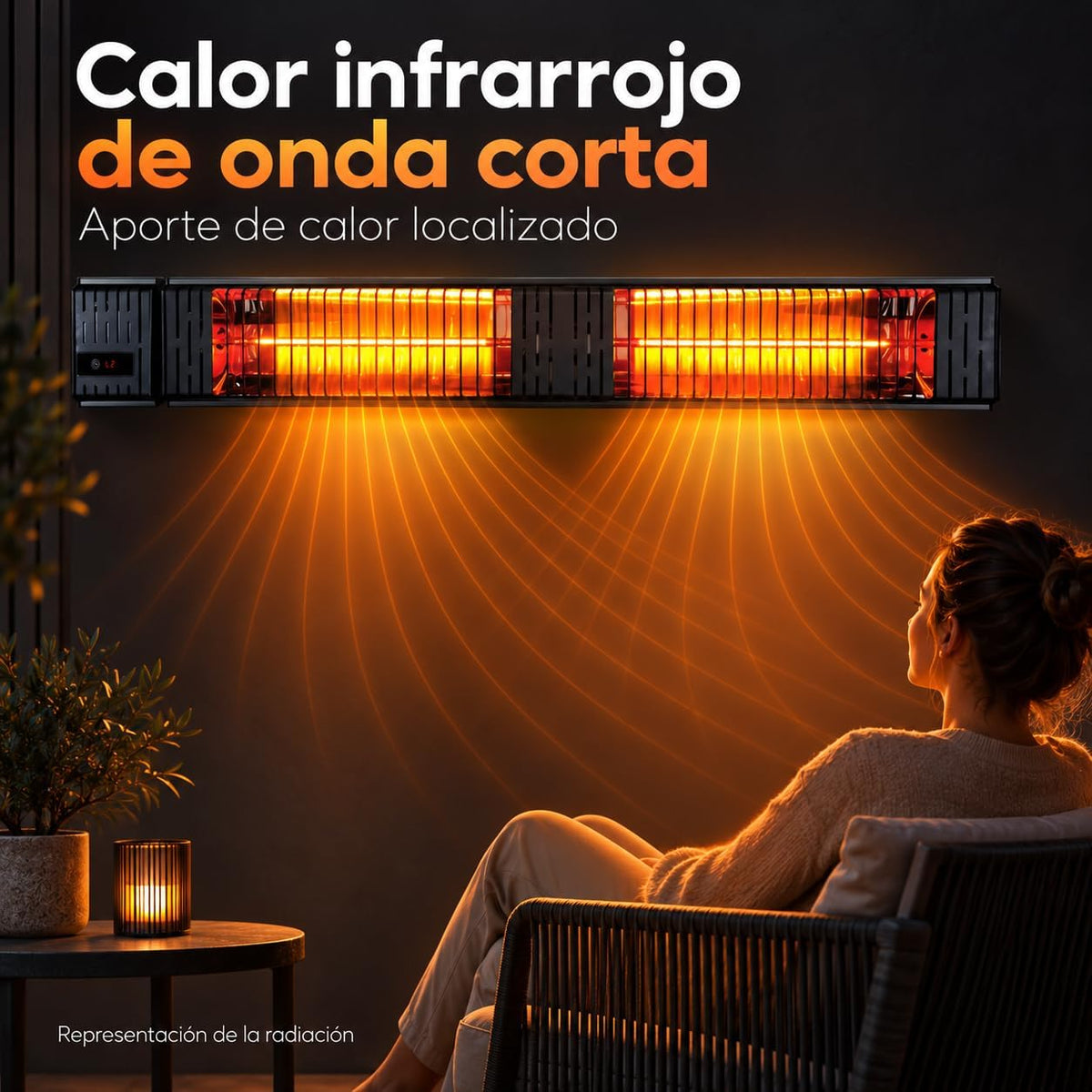 VONALA TERRAL PM3000 Calefactor Infrarrojo de Pared para Terrazas, 1500/3000 W, Onda Corta, Baja Luminosidad, Mando a Distancia, Temporizador 24 h, IPX4