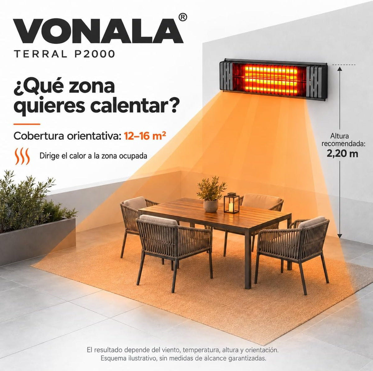 VONALA TERRAL P2000 Calefactor Infrarrojo de Pared para Terrazas, 2000 W, Onda Corta, Lámpara de Baja Luminosidad, IPX4, Anclajes Incluidos