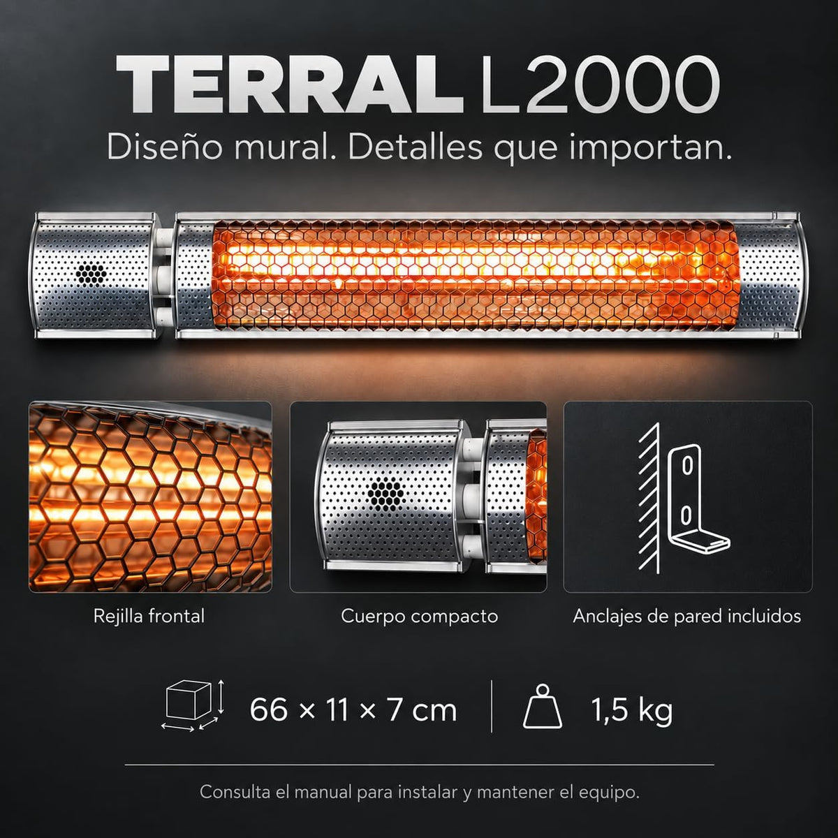 VONALA TERRAL L2000 Calefactor Infrarrojo de Pared para Terrazas, 1000/2000 W, Onda Corta, Mando a Distancia, IPX5, Anclajes Incluidos
