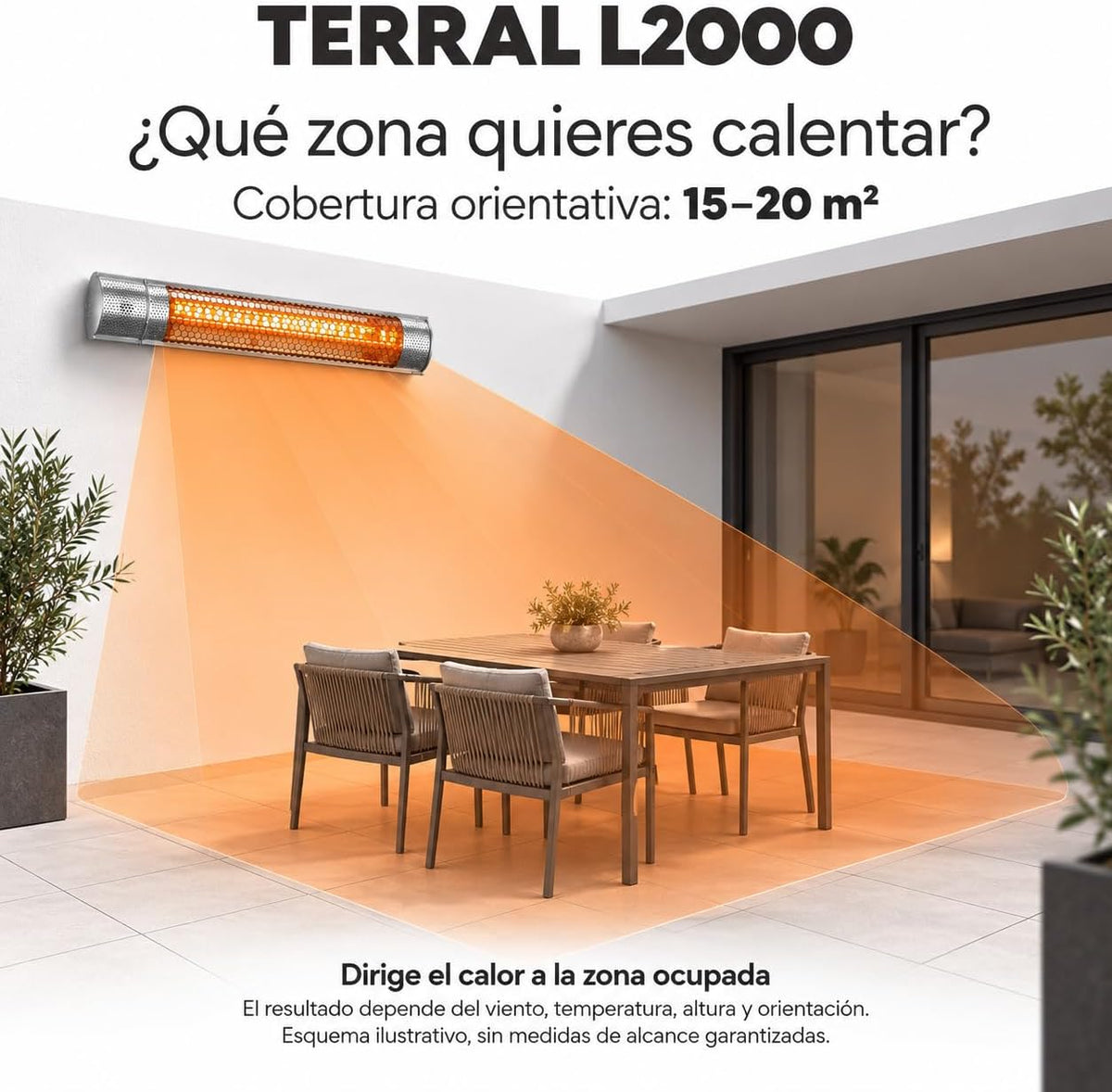 VONALA TERRAL L2000 Calefactor Infrarrojo de Pared para Terrazas, 1000/2000 W, Onda Corta, Mando a Distancia, IPX5, Anclajes Incluidos