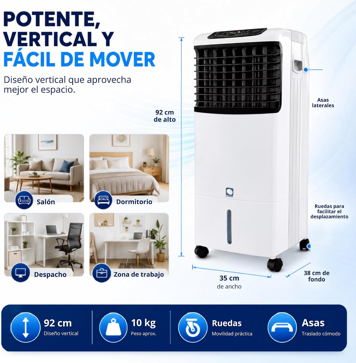 Climatizador Evaporativo VONALA E1300C – Enfriador de Aire y Calefactor 2 en 1 con Ionizador, Depósito 10L, 6 Velocidades, Mando a Distancia, Modo Calor y Frio
