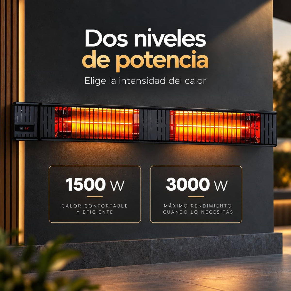 VONALA TERRAL PM3000 Calefactor Infrarrojo de Pared para Terrazas, 1500/3000 W, Onda Corta, Baja Luminosidad, Mando a Distancia, Temporizador 24 h, IPX4