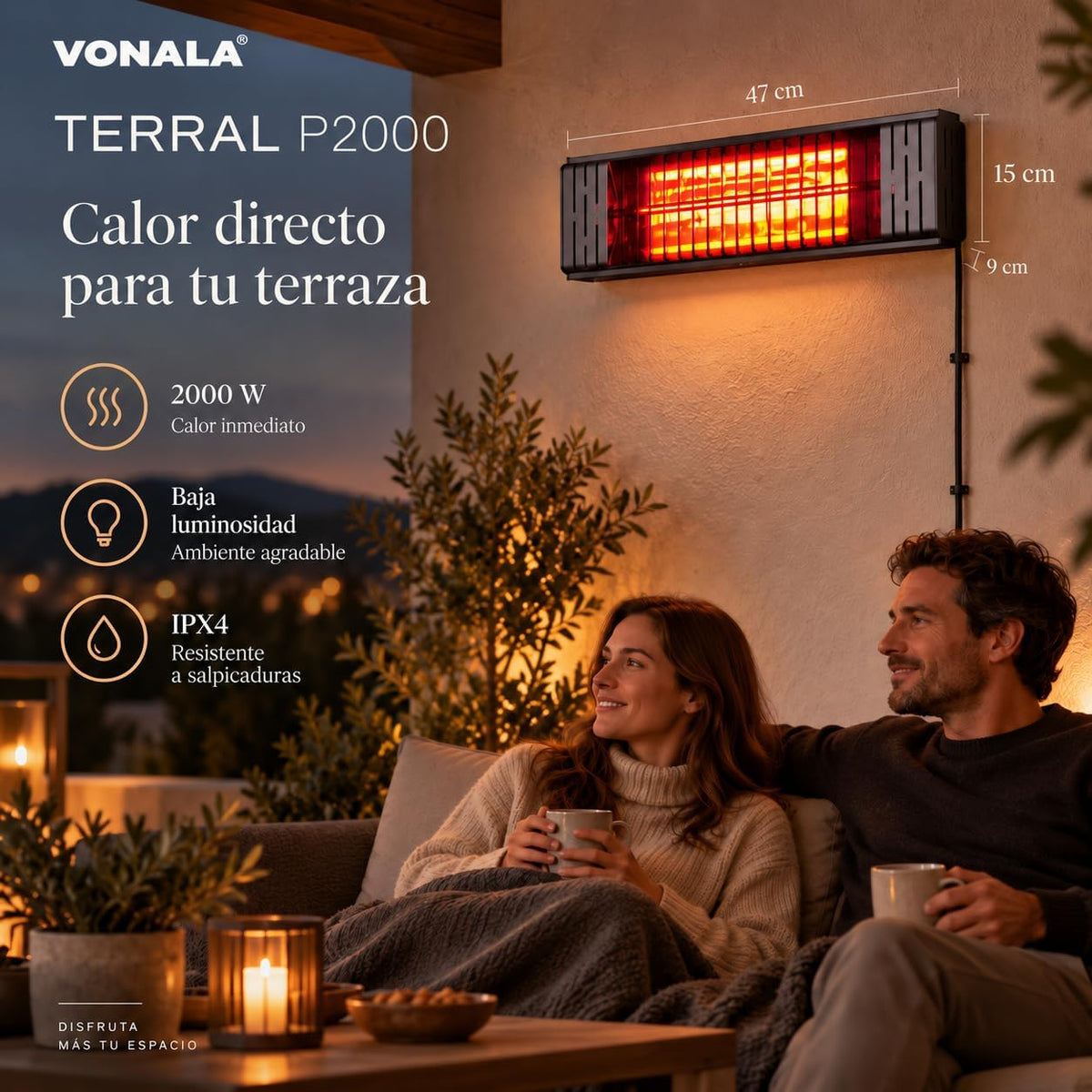 VONALA TERRAL P2000 Calefactor Infrarrojo de Pared para Terrazas, 2000 W, Onda Corta, Lámpara de Baja Luminosidad, IPX4, Anclajes Incluidos