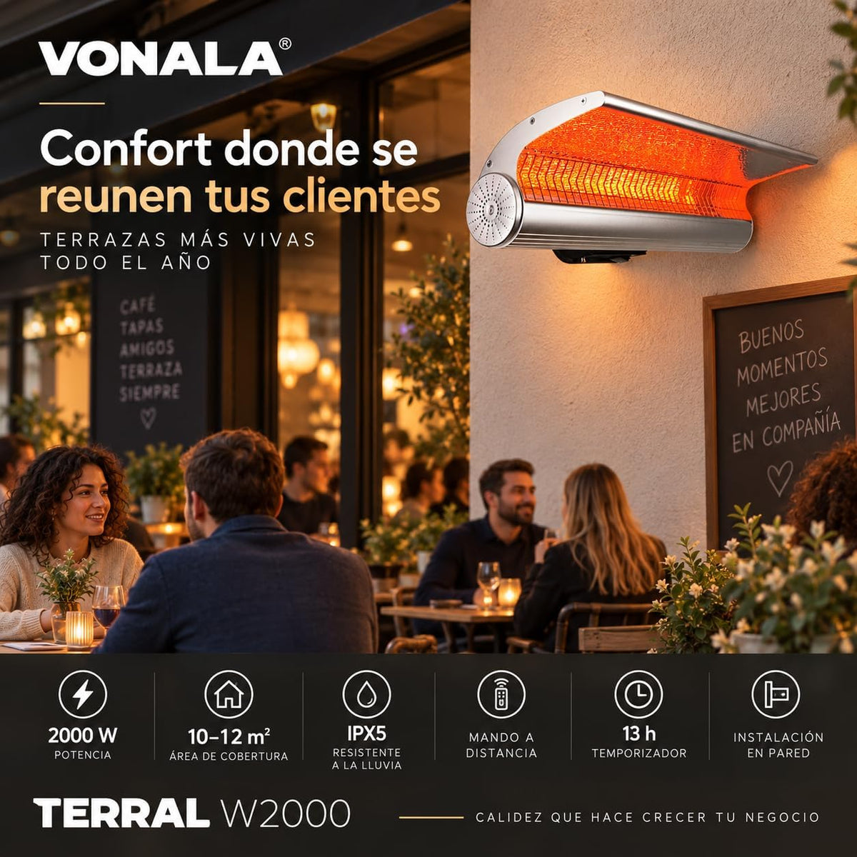 Calefactor Infrarrojo de Pared para Terrazas VONALA TERRAL W2000, 2000 W, Mando a Distancia, IPX5