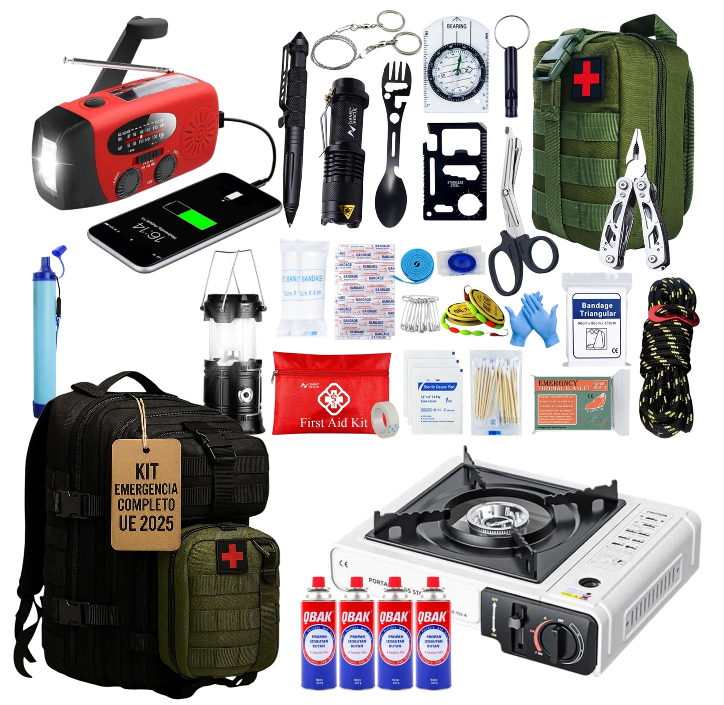 Kit de Supervivencia Completo UE 2025, Mochila Supervivencia 72 horas Equipada con Camping Gas Portatil, Kit Supervivencia Catastrofe, Botiquín Táctico con Radio Sola, Alicates, Tijeras y Silbato