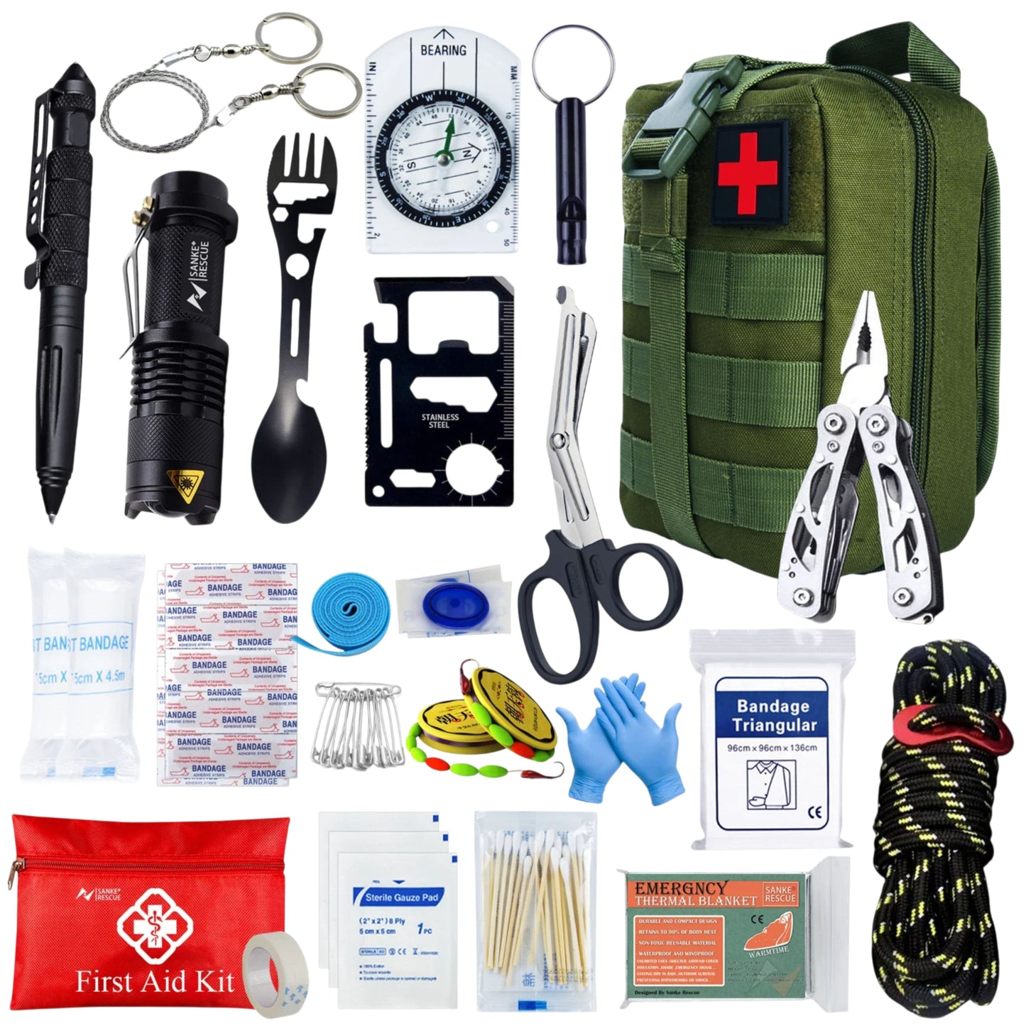 Kit de Supervivencia Completo UE 2025, Mochila Supervivencia 72 horas Equipada con Camping Gas Portatil, Kit Supervivencia Catastrofe, Botiquín Táctico con Radio Sola, Alicates, Tijeras y Silbato