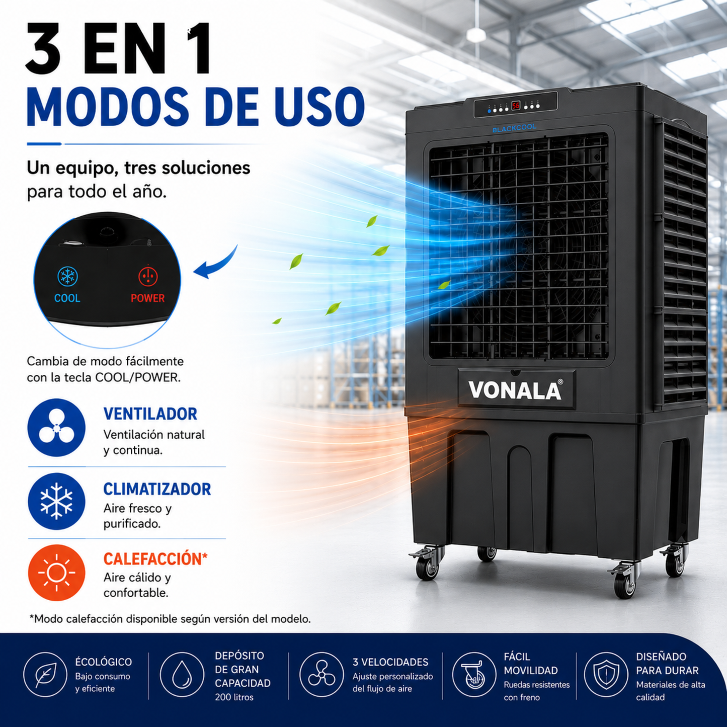 Climatizador Evaporativo Industrial VONALA BLACKOOL22 – Enfriador de Aire Profesional 22.000 m³/h, Depósito 150 L, Cobertura hasta 200 m², 750 W, Climatizador Industrial Portátil