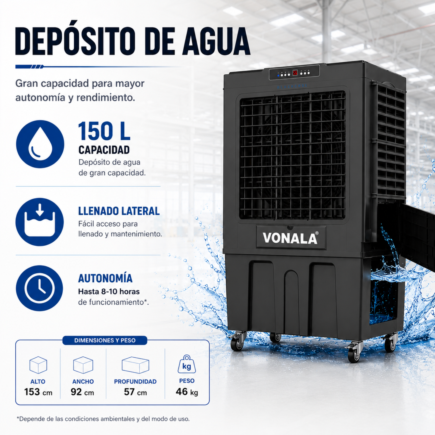 Climatizador Evaporativo Industrial VONALA BLACKOOL22 – Enfriador de Aire Profesional 22.000 m³/h, Depósito 150 L, Cobertura hasta 200 m², 750 W, Climatizador Industrial Portátil