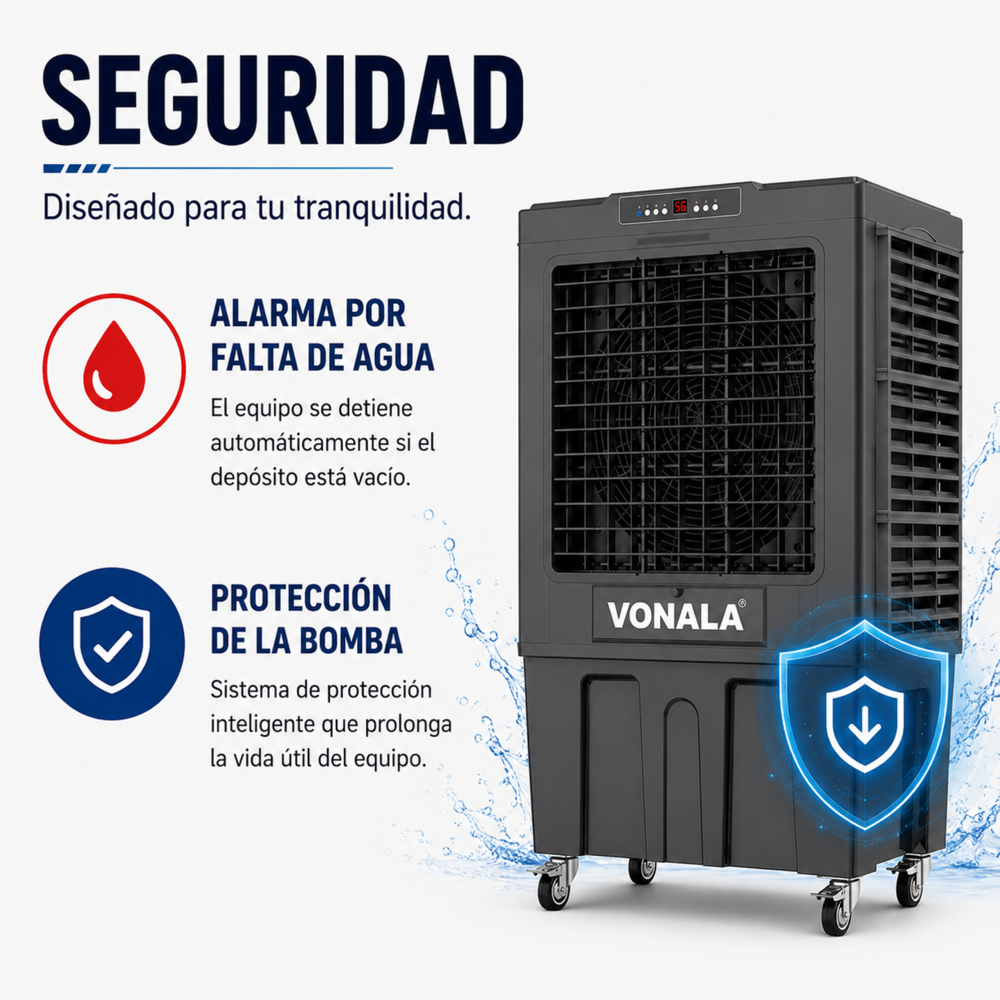 Climatizador Evaporativo Industrial VONALA BLACKOOL22 – Enfriador de Aire Profesional 22.000 m³/h, Depósito 150 L, Cobertura hasta 200 m², 750 W, Climatizador Industrial Portátil