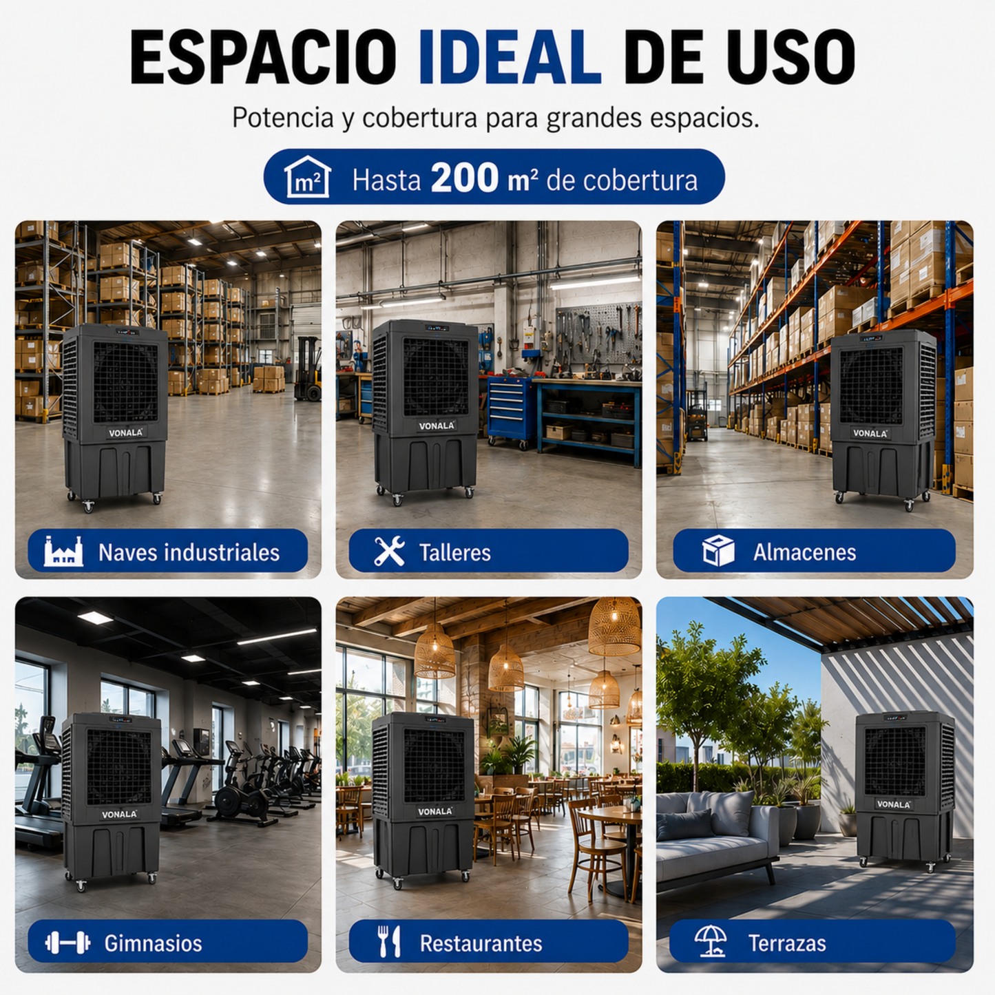 Climatizador Evaporativo Industrial VONALA BLACKOOL22 – Enfriador de Aire Profesional 22.000 m³/h, Depósito 150 L, Cobertura hasta 200 m², 750 W, Climatizador Industrial Portátil