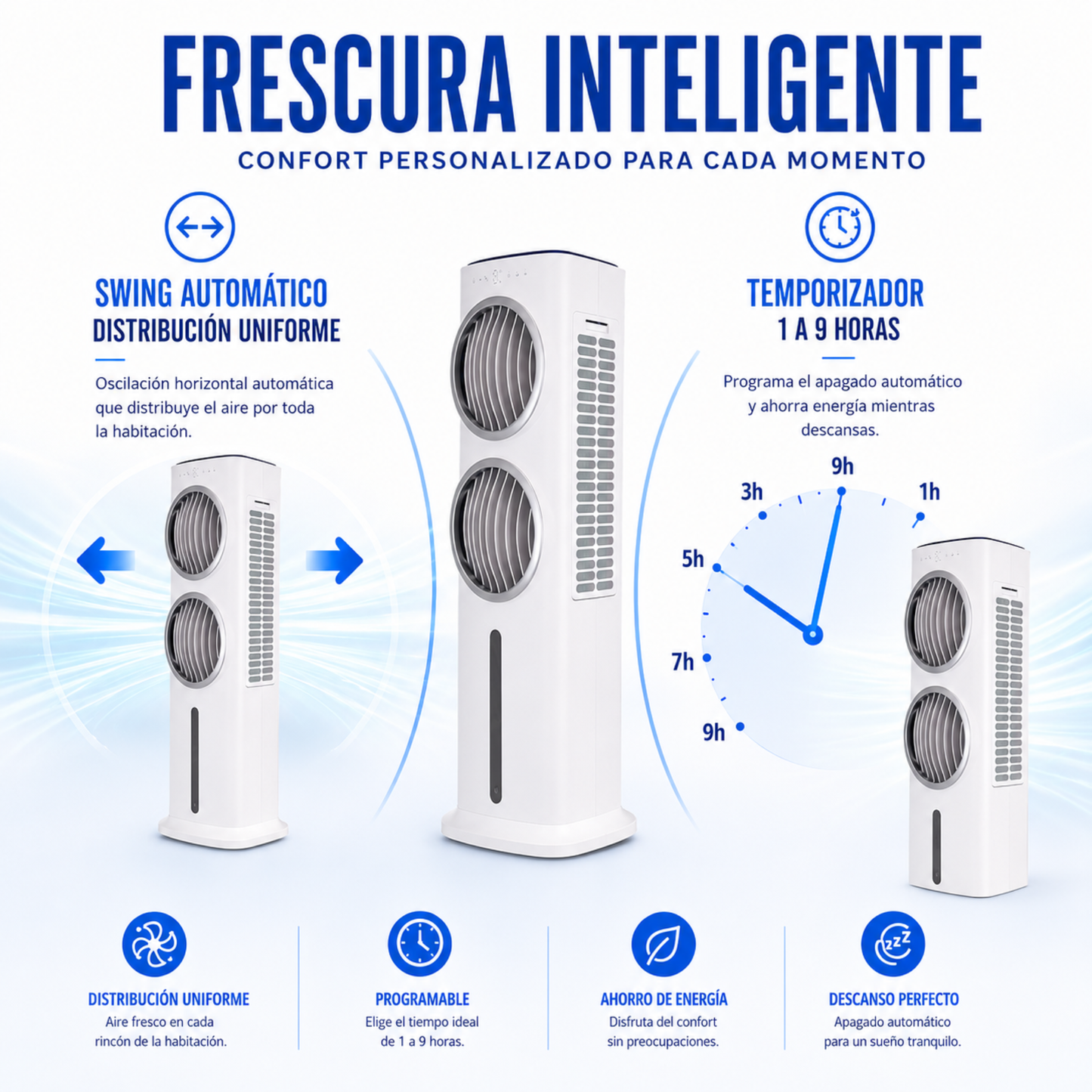 Climatizador Evaporativo VONALA SMALL-DUO – Enfriador de Aire Portátil con Doble Ventilador, Depósito 9L, 5 Velocidades, Mando a Distancia, 90W, Portátil