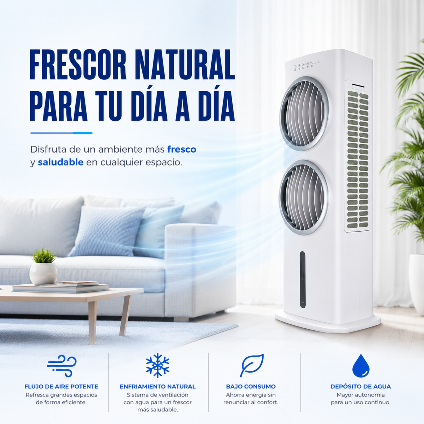 Climatizador Evaporativo VONALA SMALL-DUO – Enfriador de Aire Portátil con Doble Ventilador, Depósito 9L, 5 Velocidades, Mando a Distancia, 90W, Portátil