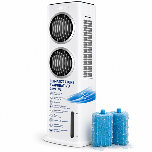 Climatizador Evaporativo VONALA SMALL-DUO – Enfriador de Aire Portátil con Doble Ventilador, Depósito 9L, 5 Velocidades, Mando a Distancia, 90W, Portátil