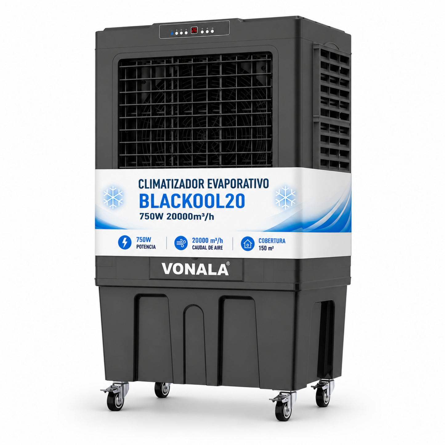 Climatizador Evaporativo Industrial VONALA BLACKOOL22 – Enfriador de Aire Profesional 22.000 m³/h, Depósito 150 L, Cobertura hasta 200 m², 750 W, Climatizador Industrial Portátil