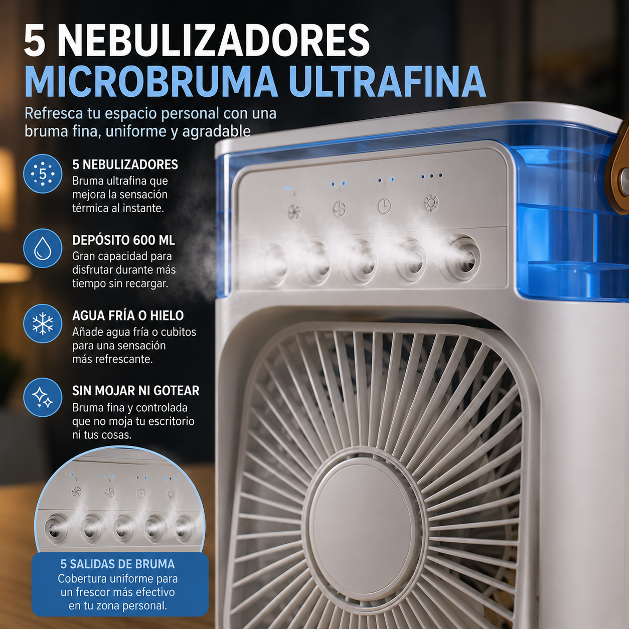 Ventilador de Escritorio con Nebulizador y Temporizador Cubemist