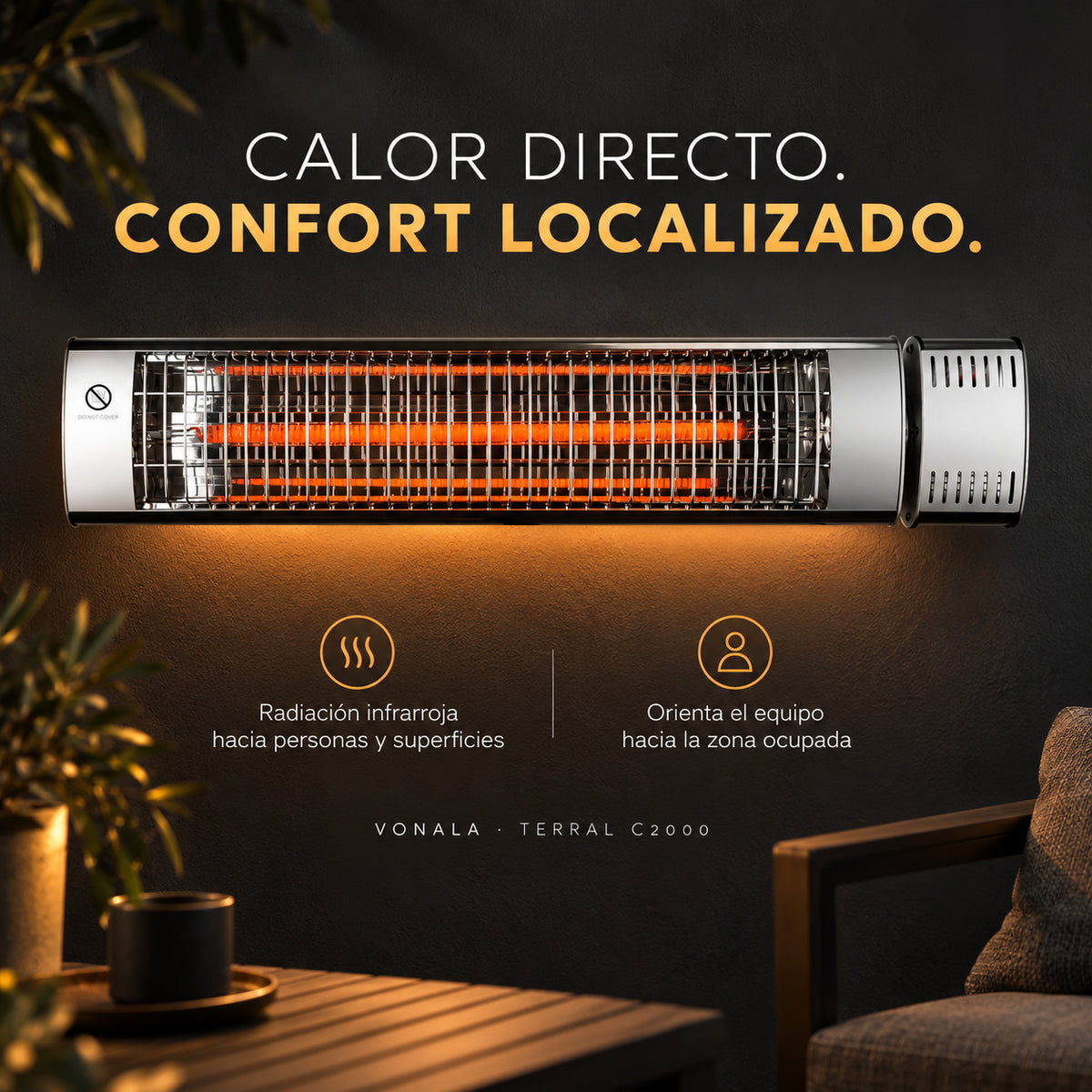 Calefactor Infrarrojo de Pared para Terrazas VONALA TERRAL C2000, 2000 W, Mando a Distancia, IPX5