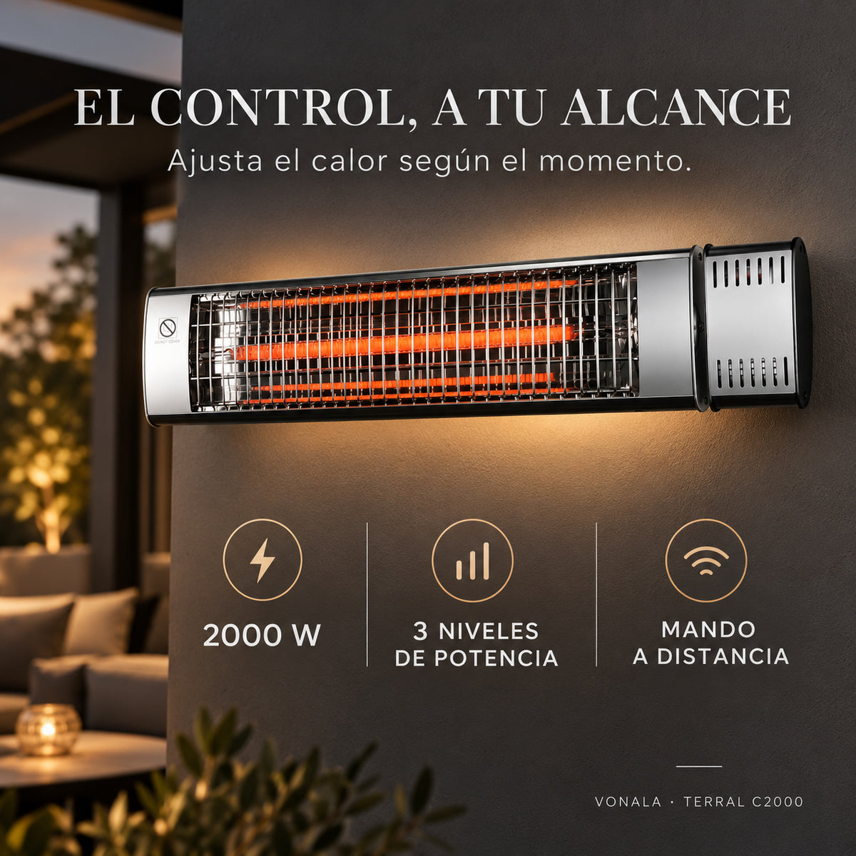 Calefactor Infrarrojo de Pared para Terrazas VONALA TERRAL C2000, 2000 W, Mando a Distancia, IPX5