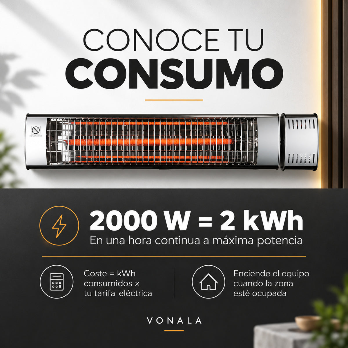 Calefactor Infrarrojo de Pared para Terrazas VONALA TERRAL C2000, 2000 W, Mando a Distancia, IPX5