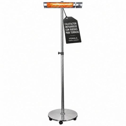 Calefactor Infrarrojo de Pie para Terrazas VONALA TERRAL L2000-M, 2000 W, Mando a Distancia, IPX5, Base con Ruedas