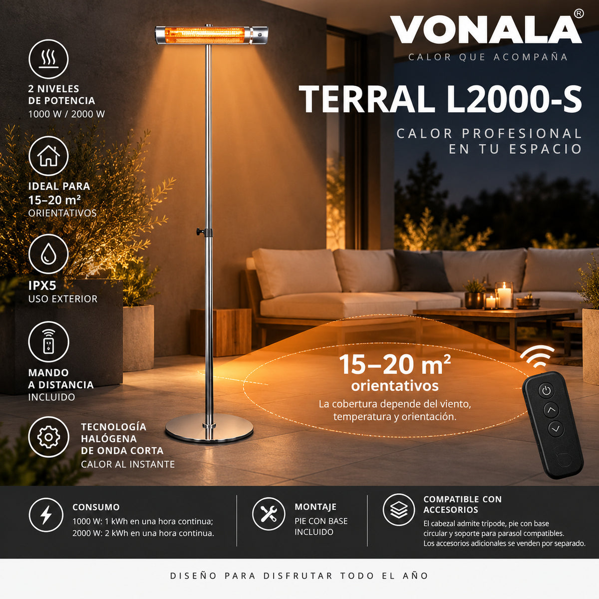 Calefactor Infrarrojo de Pie para Terrazas VONALA TERRAL L2000-S, 2000 W, Mando a Distancia, IPX5, Base Incluida