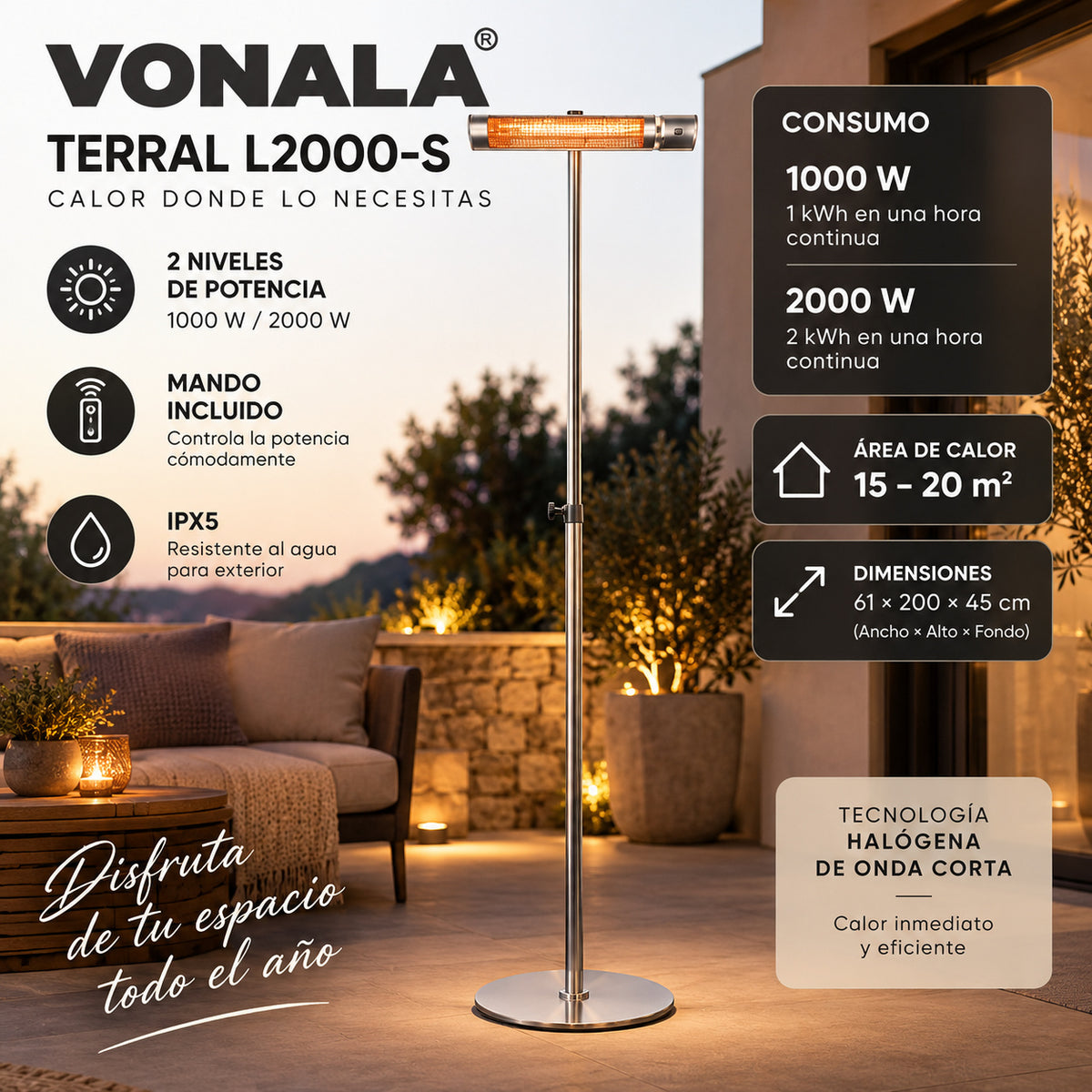 Calefactor Infrarrojo de Pie para Terrazas VONALA TERRAL L2000-S, 2000 W, Mando a Distancia, IPX5, Base Incluida