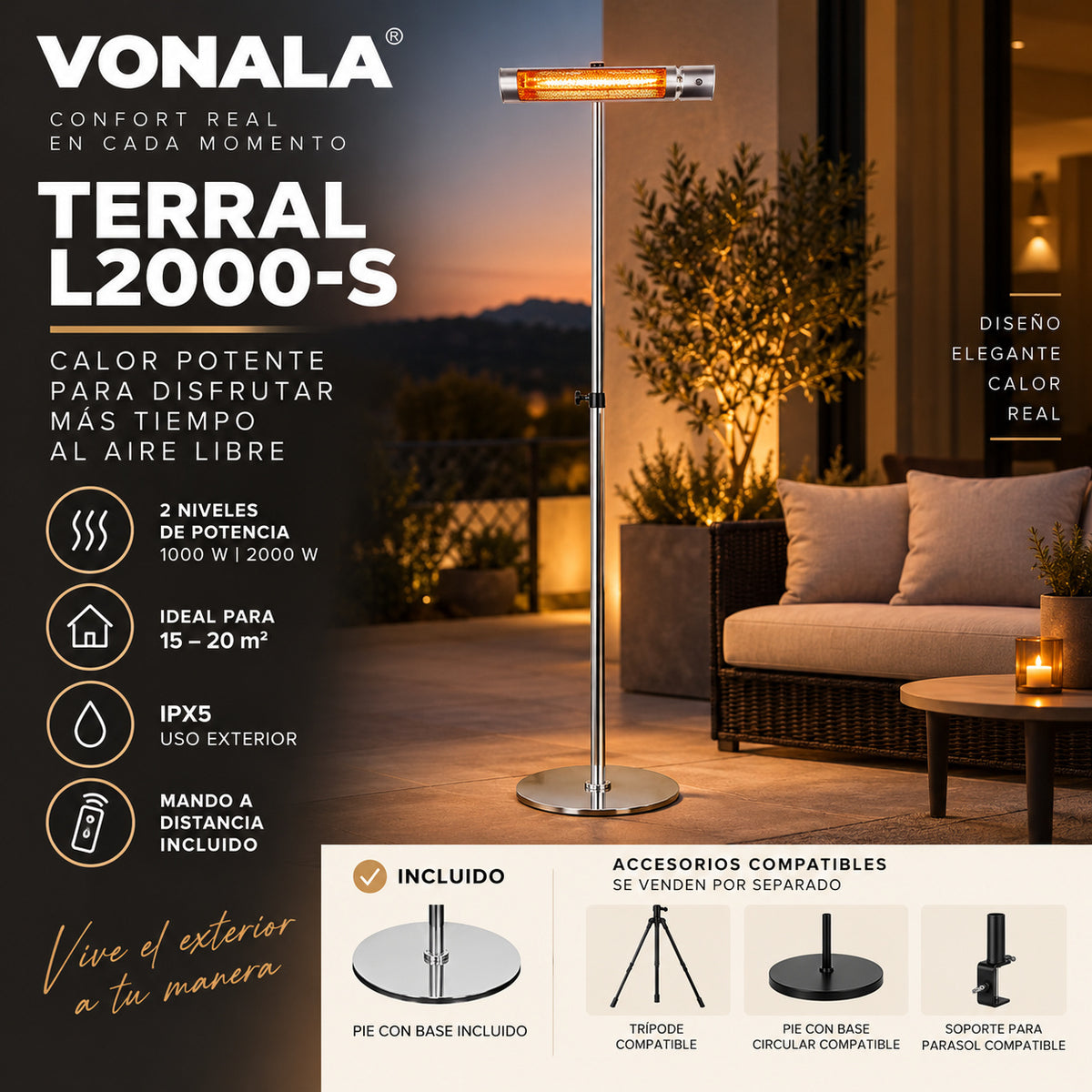 Calefactor Infrarrojo de Pie para Terrazas VONALA TERRAL L2000-S, 2000 W, Mando a Distancia, IPX5, Base Incluida