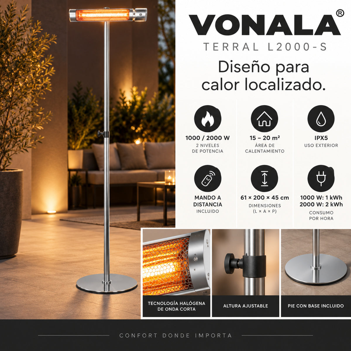 Calefactor Infrarrojo de Pie para Terrazas VONALA TERRAL L2000-S, 2000 W, Mando a Distancia, IPX5, Base Incluida