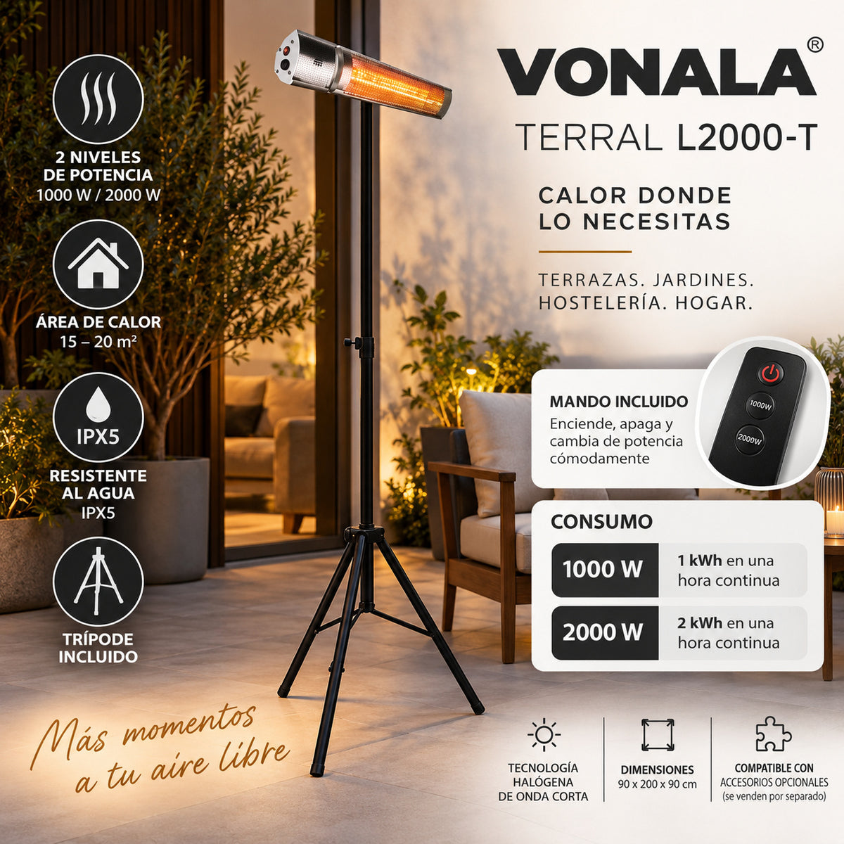 Calefactor Infrarrojo de Pie para Terrazas VONALA TERRAL L2000-T, 2000 W, Mando a Distancia, IPX5, Trípode Incluido