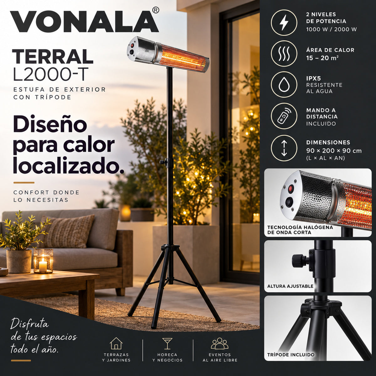 Calefactor Infrarrojo de Pie para Terrazas VONALA TERRAL L2000-T, 2000 W, Mando a Distancia, IPX5, Trípode Incluido