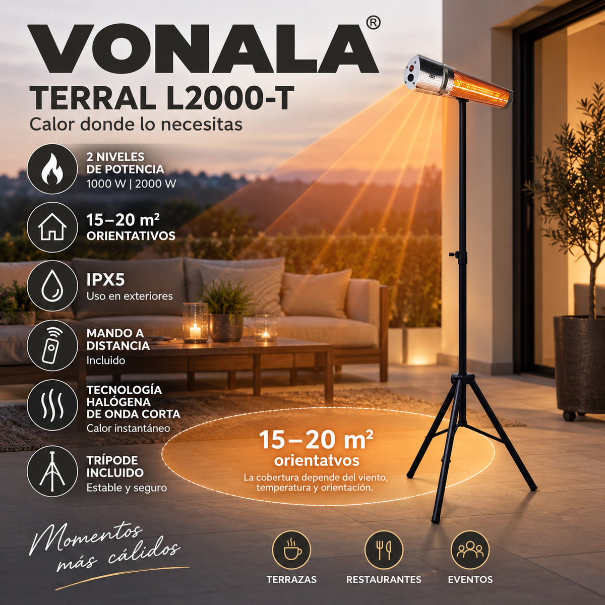 Calefactor Infrarrojo de Pie para Terrazas VONALA TERRAL L2000-T, 2000 W, Mando a Distancia, IPX5, Trípode Incluido