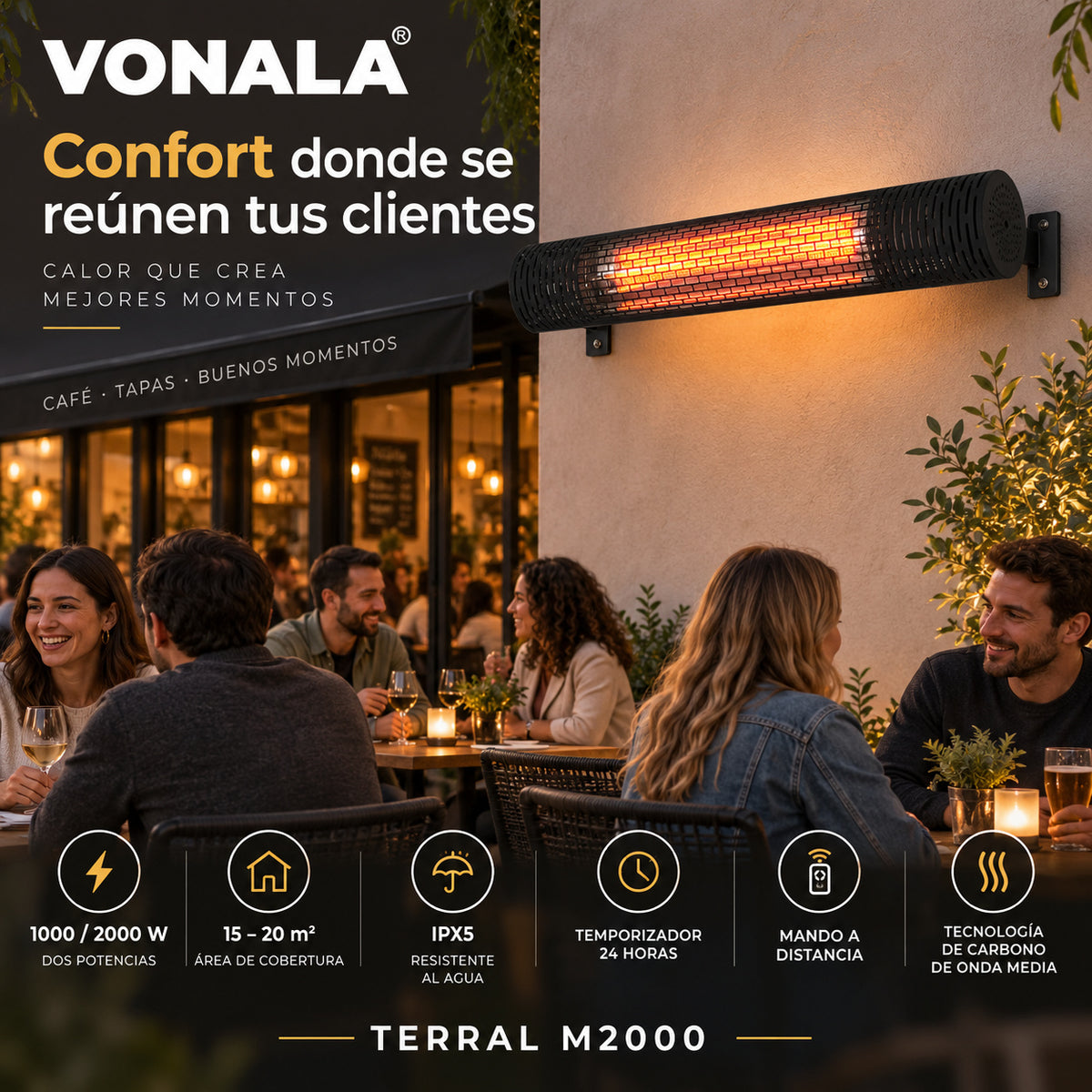 Calefactor Infrarrojo de Pared para Terrazas VONALA TERRAL M2000, 2000 W, Mando a Distancia, IPX5