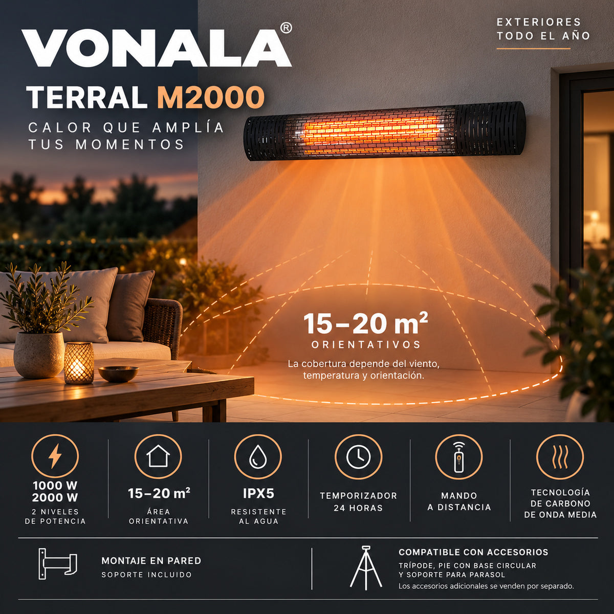 Calefactor Infrarrojo de Pared para Terrazas VONALA TERRAL M2000, 2000 W, Mando a Distancia, IPX5