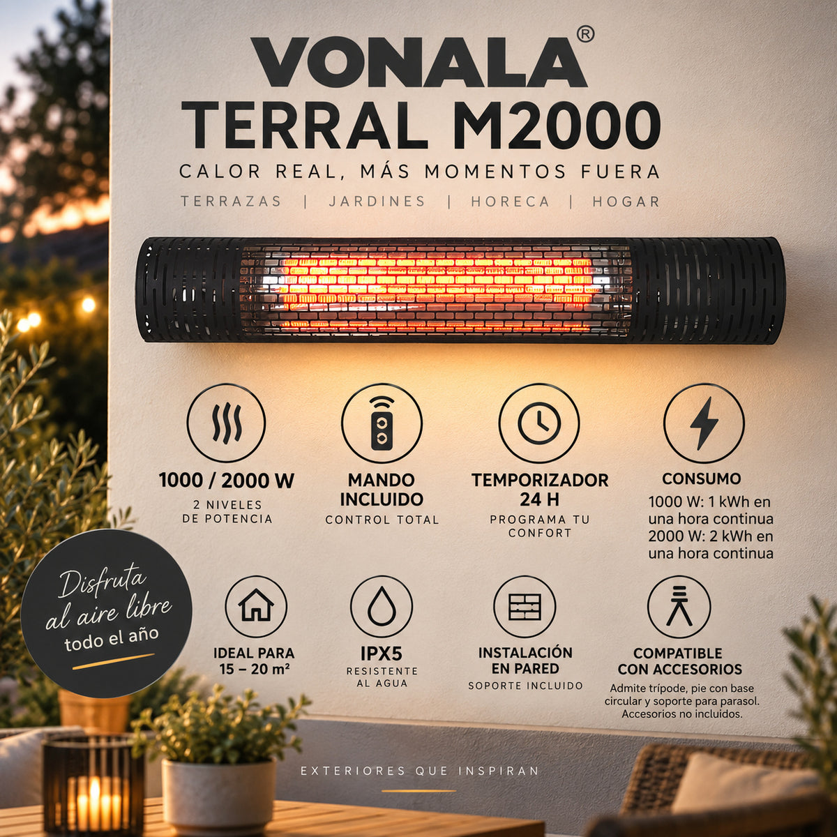 Calefactor Infrarrojo de Pared para Terrazas VONALA TERRAL M2000, 2000 W, Mando a Distancia, IPX5