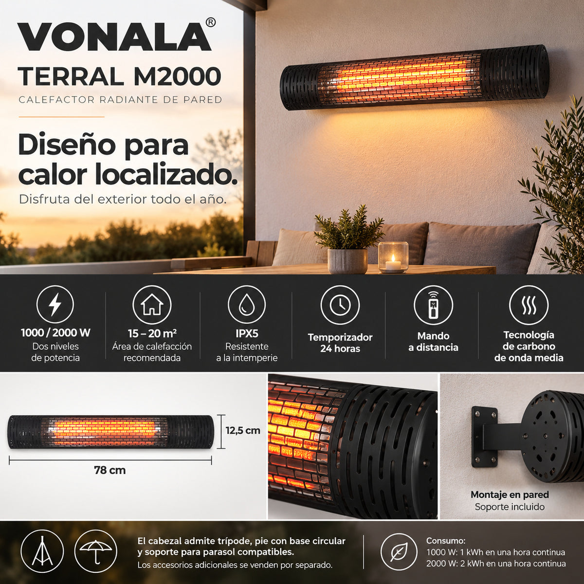 Calefactor Infrarrojo de Pared para Terrazas VONALA TERRAL M2000, 2000 W, Mando a Distancia, IPX5
